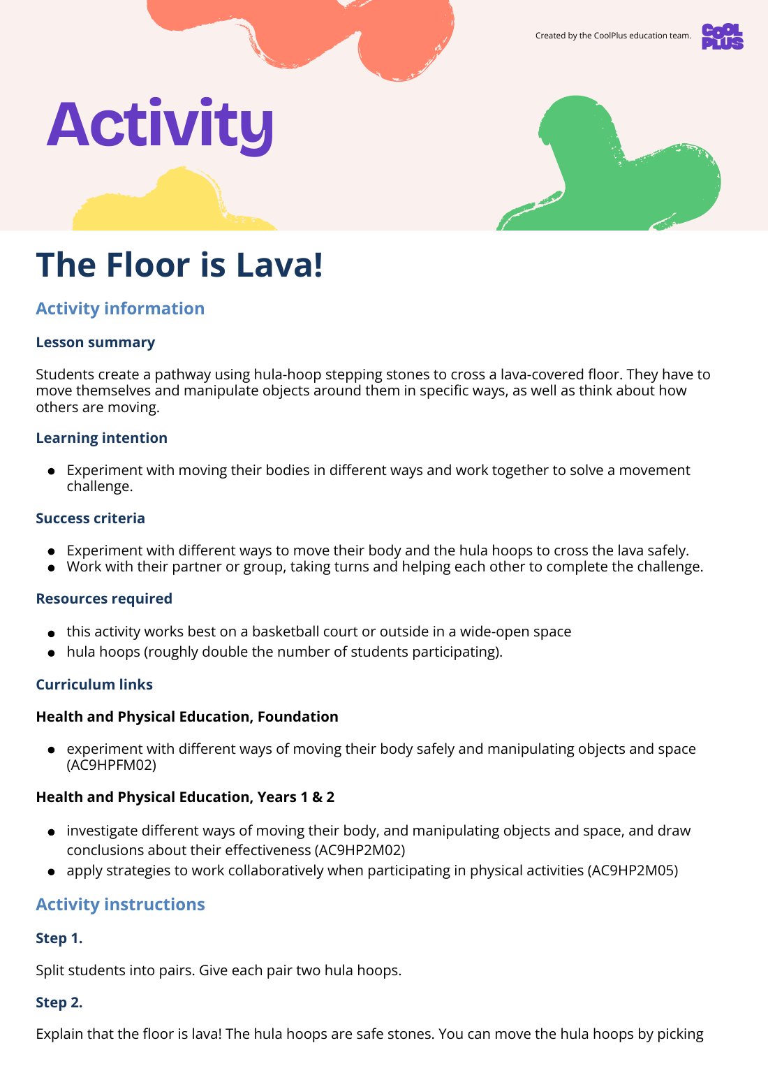 First page of The Floor is Lava Activity