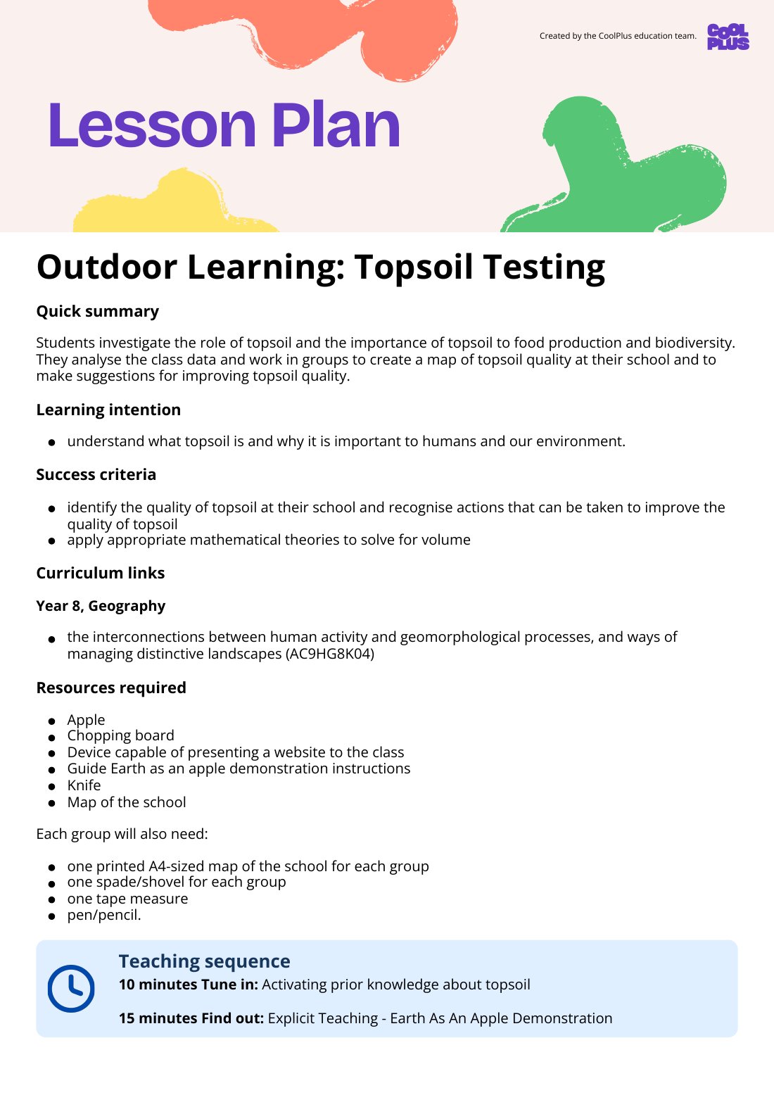 First page of Outdoor Learning: Topsoil Testing Lesson Plan