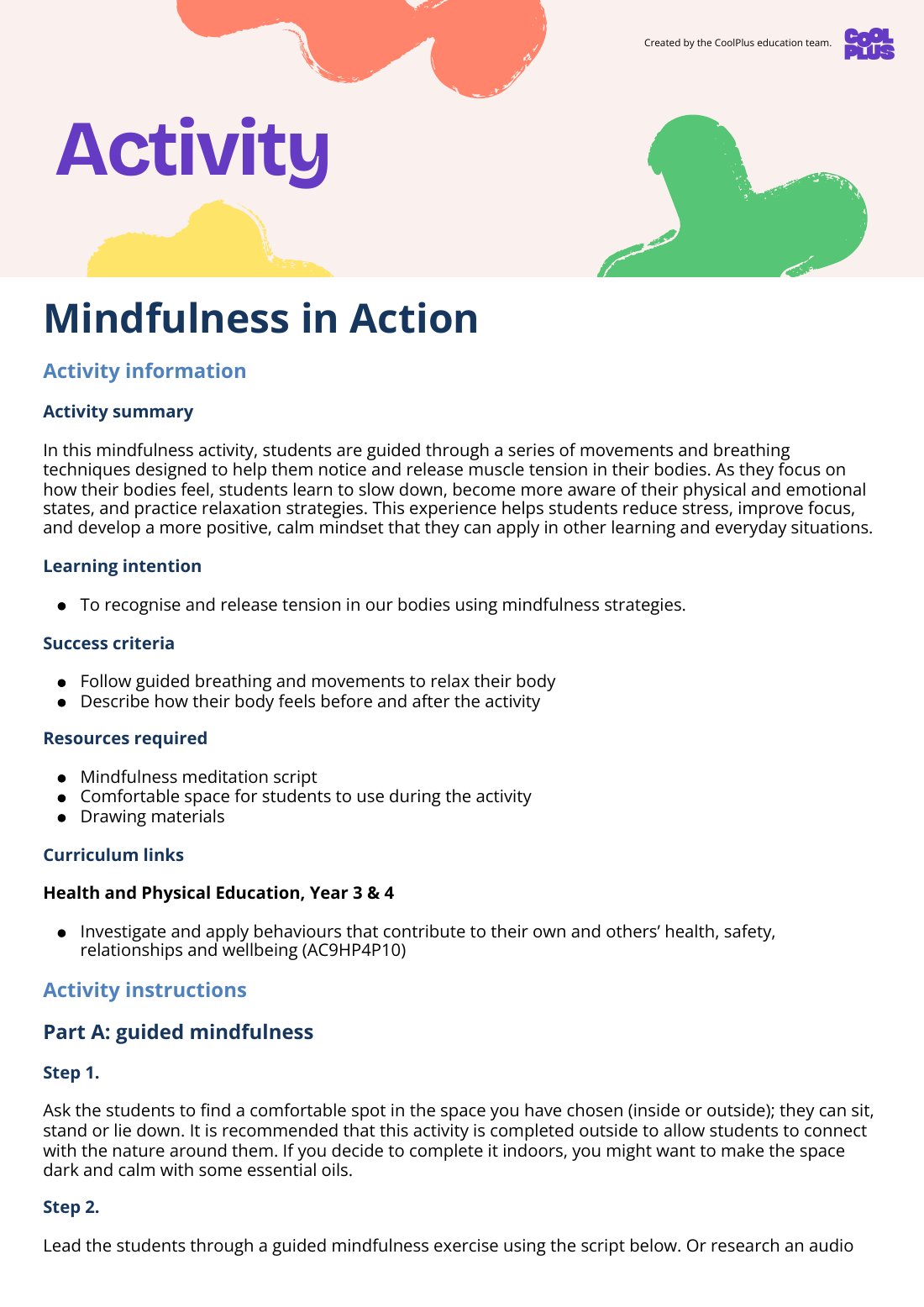 First page of Mindfulness in Action Activity