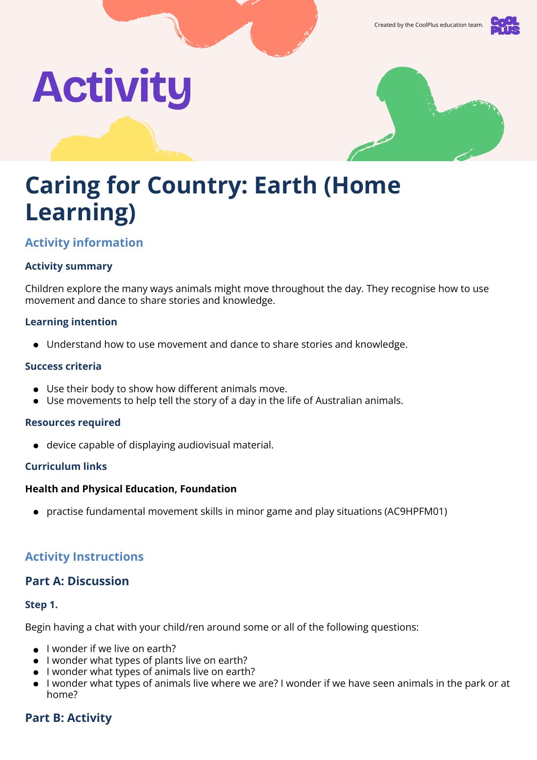 First page of Caring for Country: Earth (Home Learning) Activity