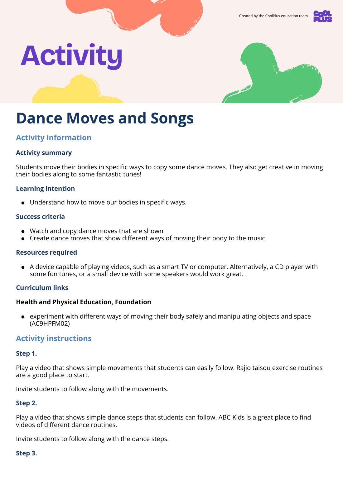 First page of Dance Moves and Songs Activity