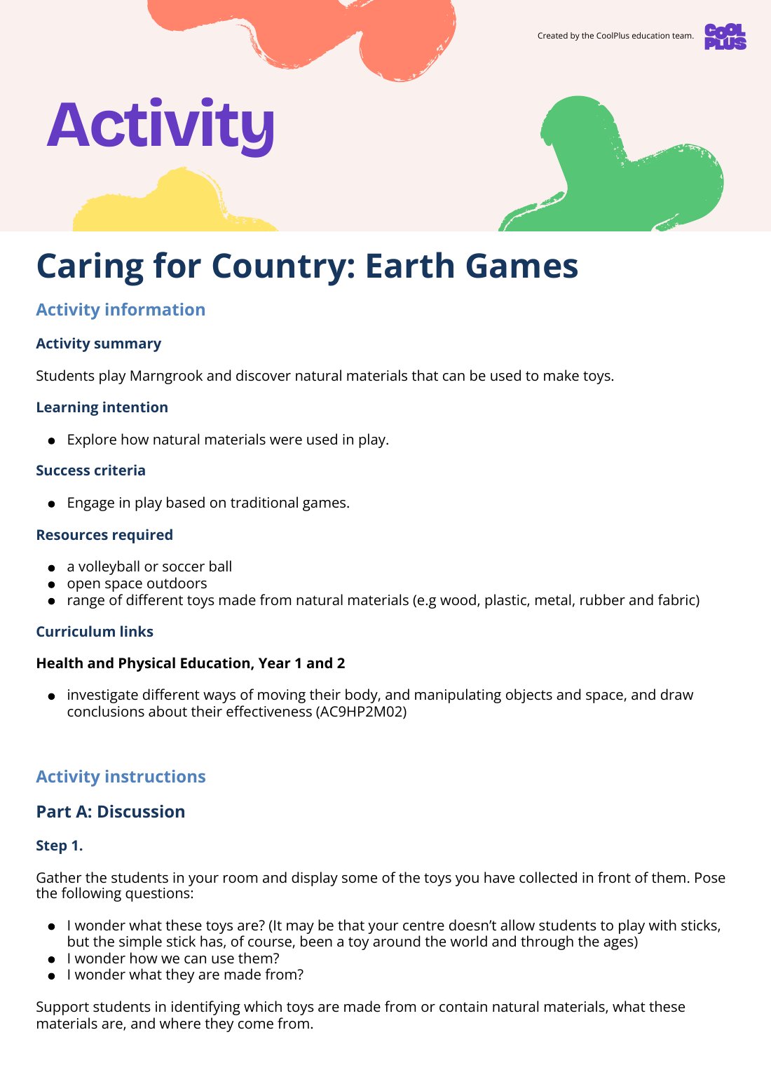 First page of Caring for Country: Earth Games Activity