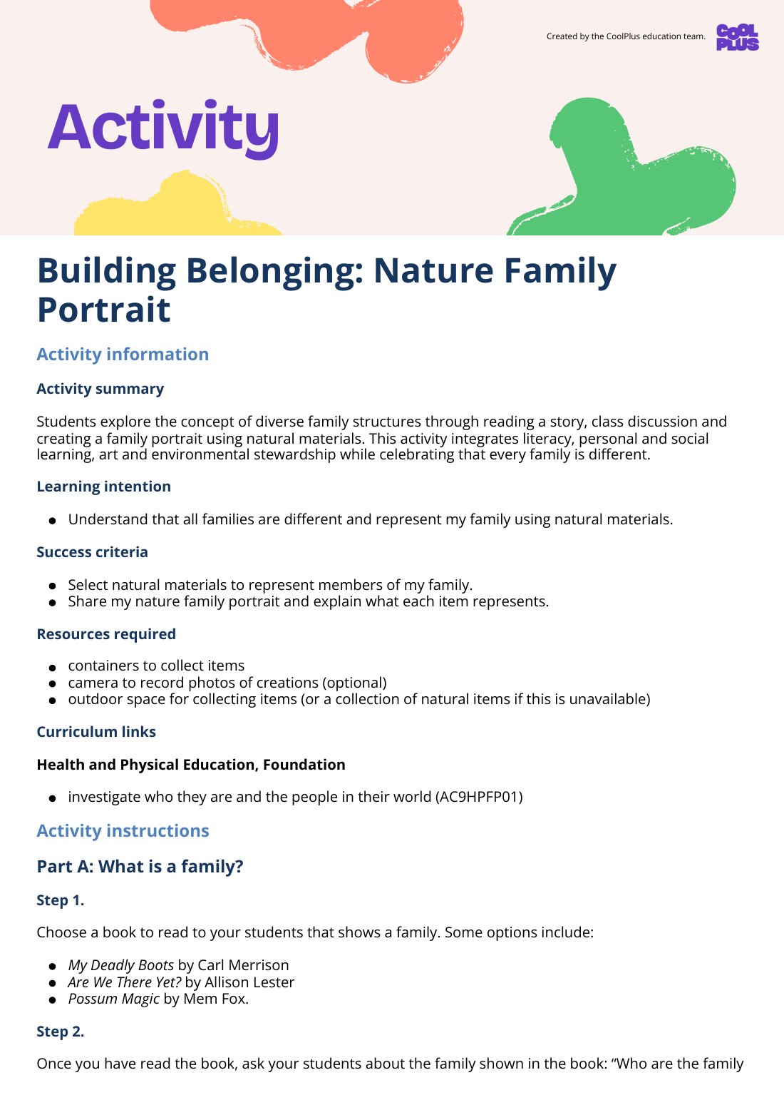 First page of Building Belonging: Nature Family Portrait Activity
