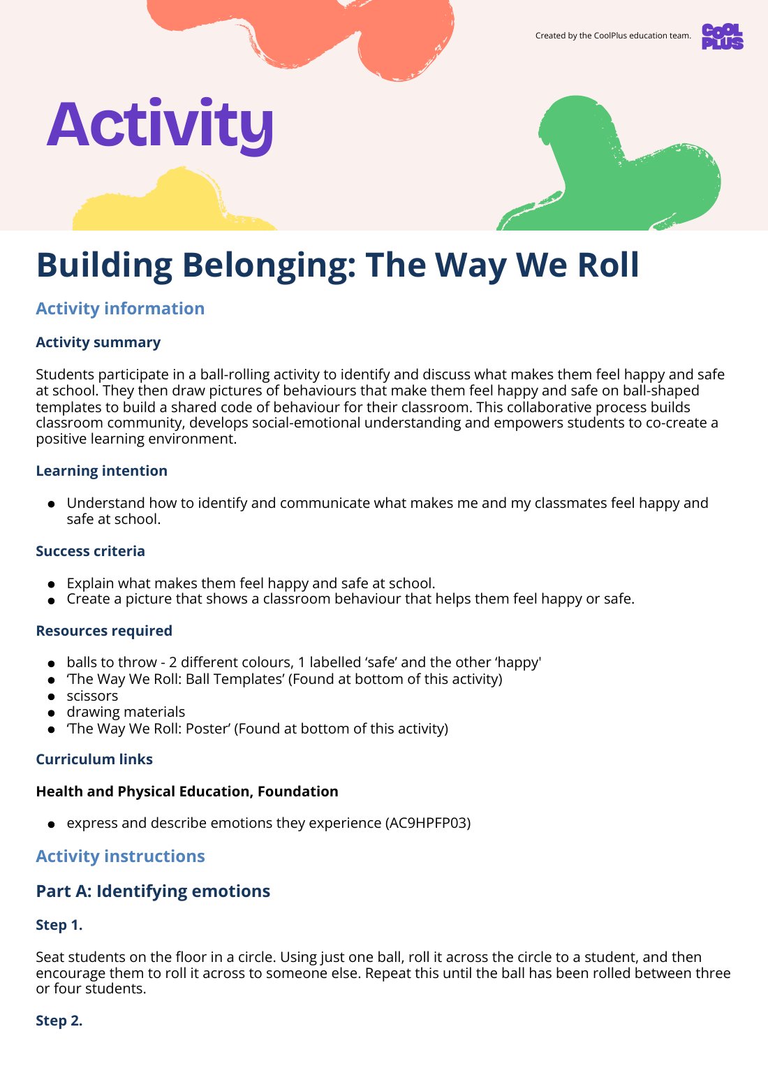 First page of Building Belonging: The Way We Roll Activity