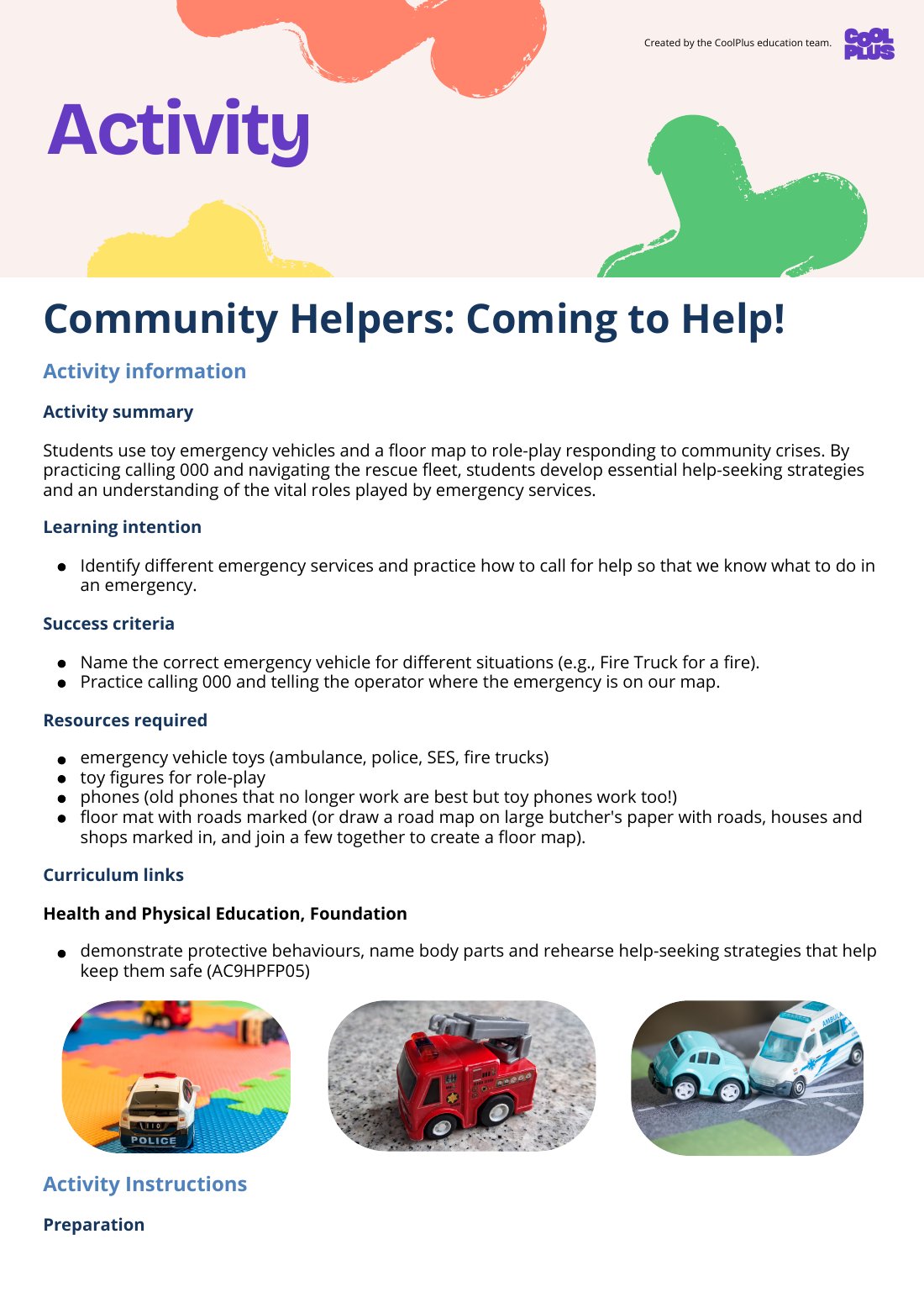 First page of Community Helpers: Coming to Help Activity