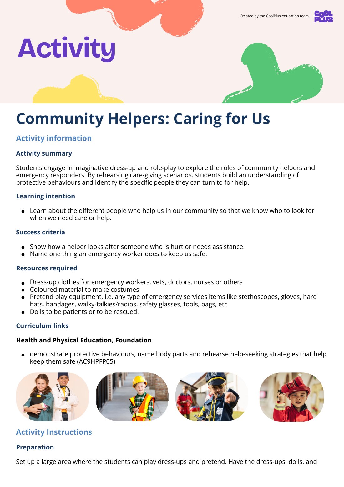 First page of Community Helpers: Caring for Us Activity