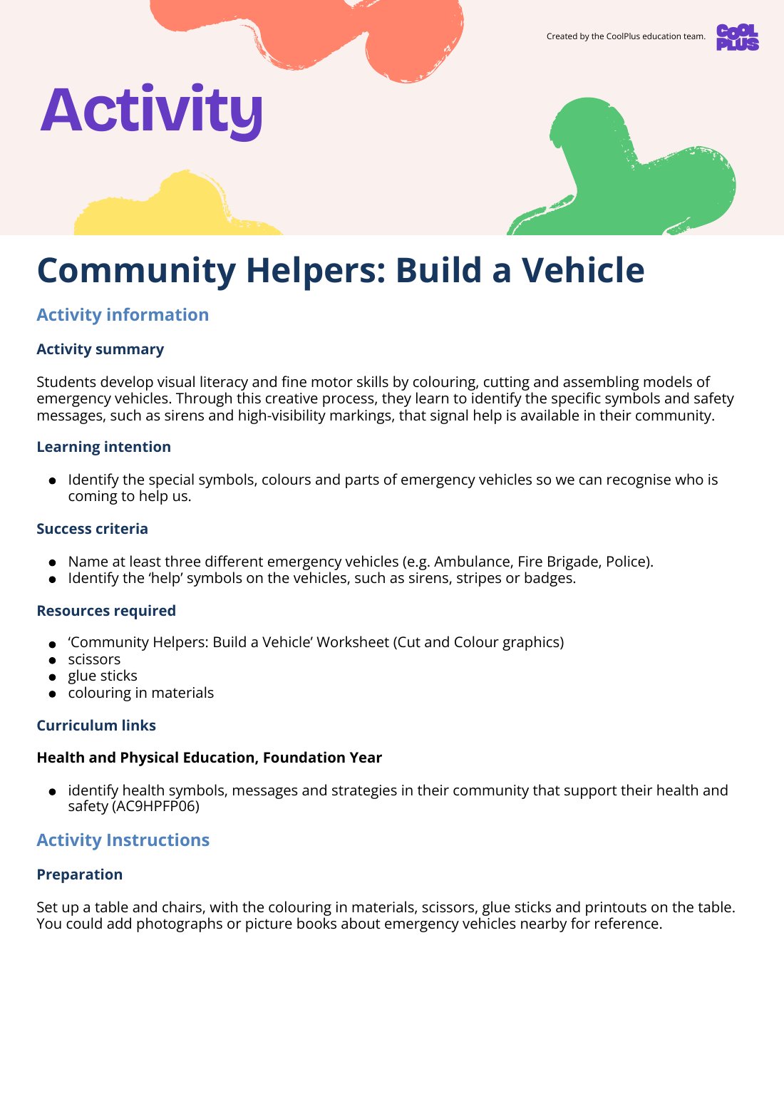 First page of Community Helpers: Build a Vehicle Activity