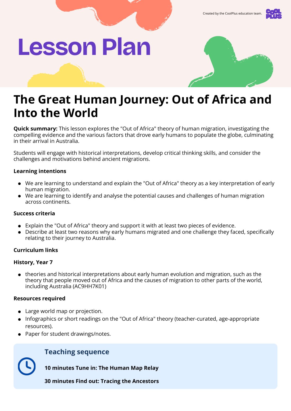 First page of The Great Human Journey: Out of Africa and Into the World Lesson Plan