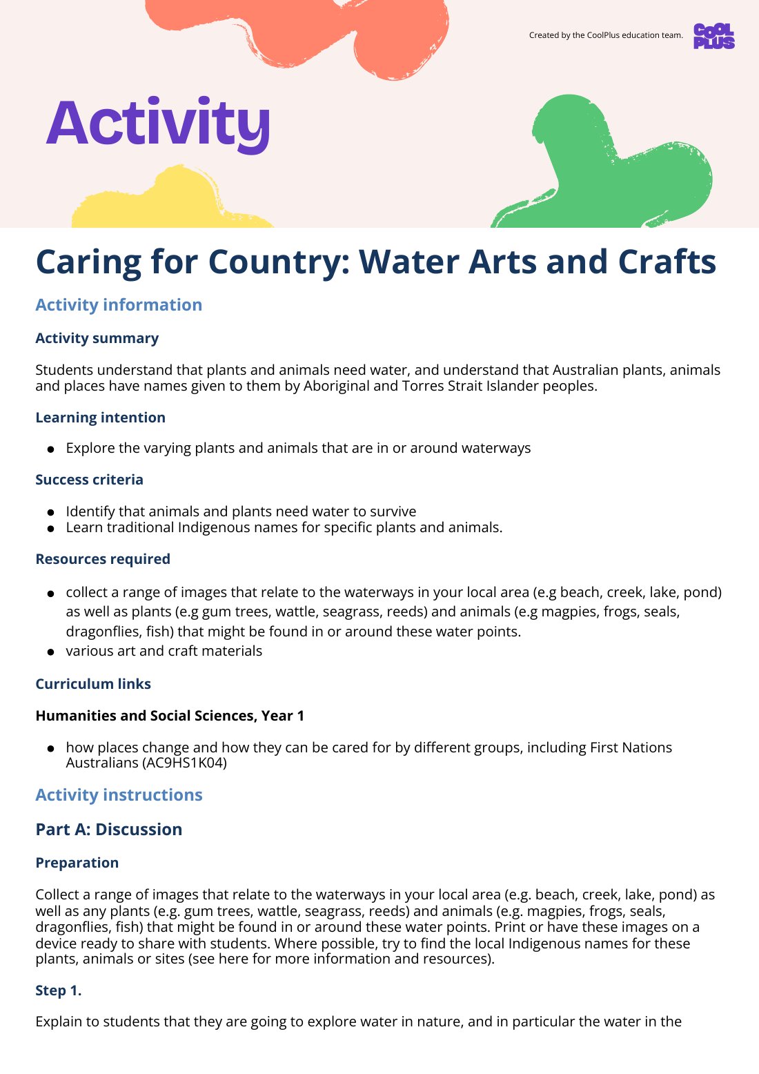 First page of Caring for Country: Water Arts and Crafts Activity