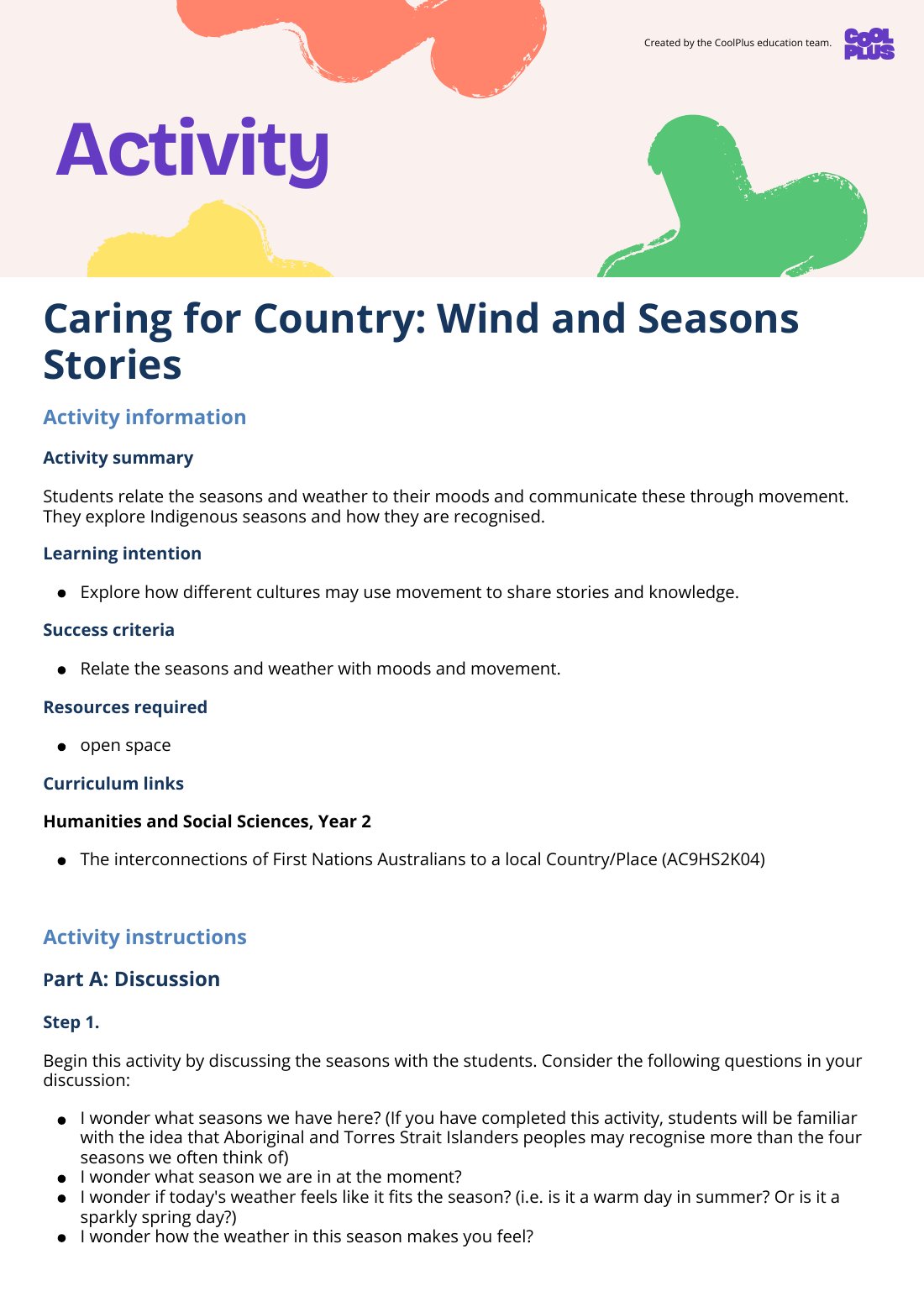 First page of Caring for Country: Wind and Seasons Stories Activity