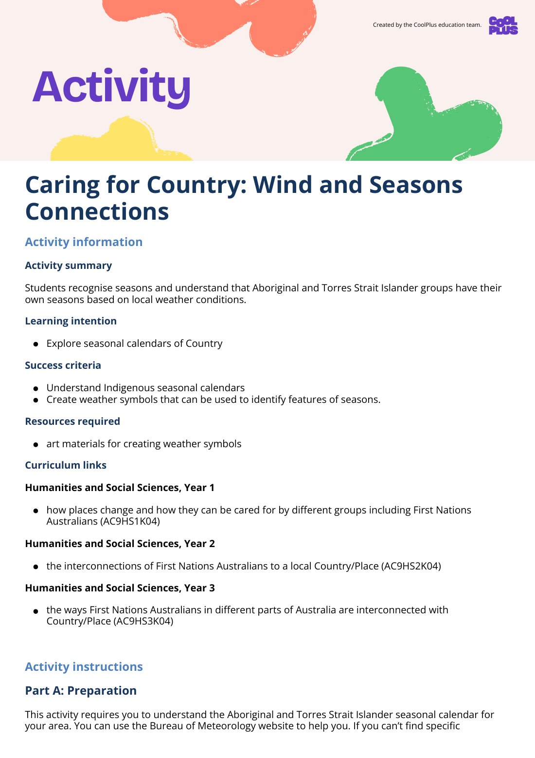 First page of Caring for Country: Wind and Seasons Connections Activity