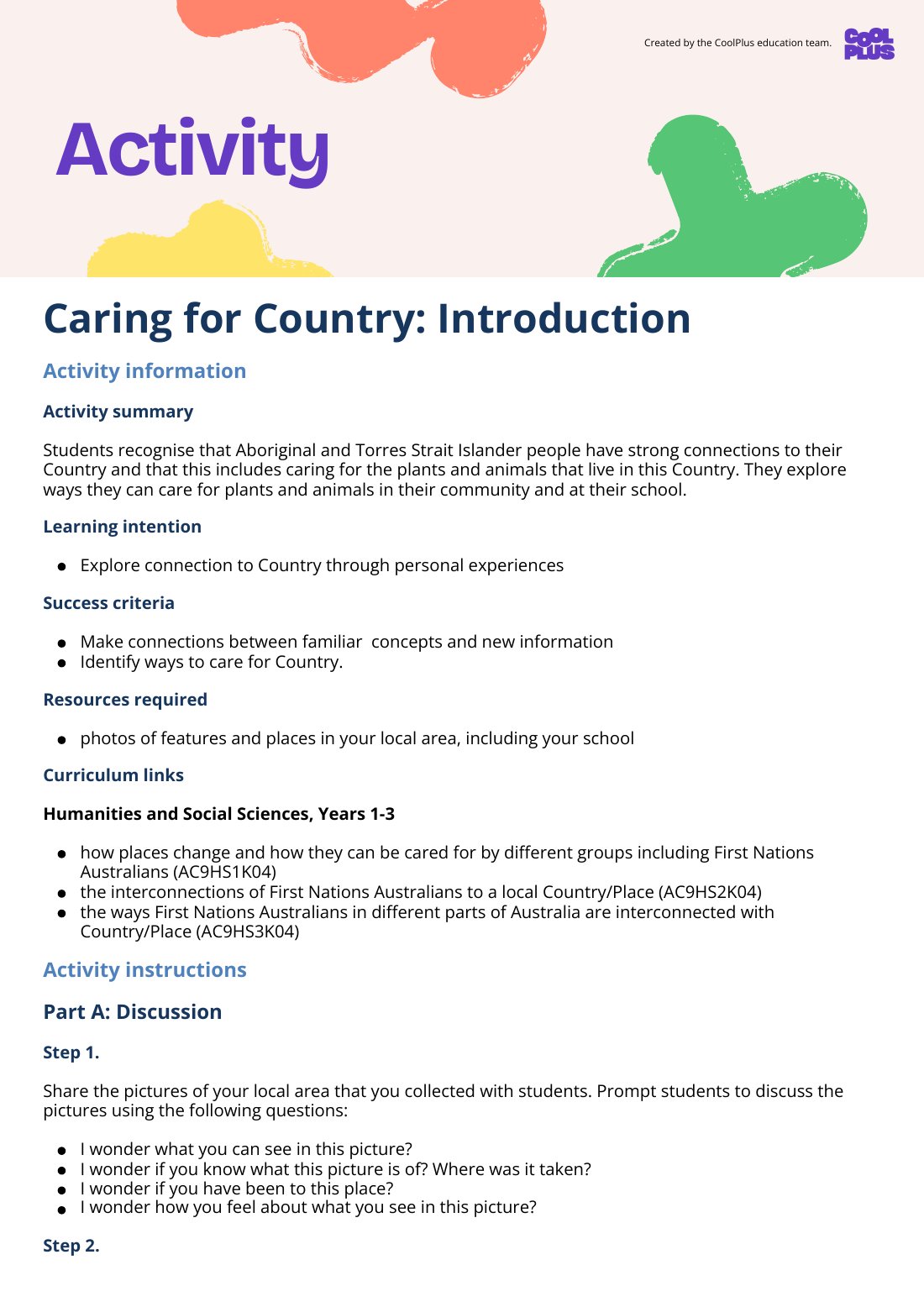 First page of Caring for Country: Introduction Activity