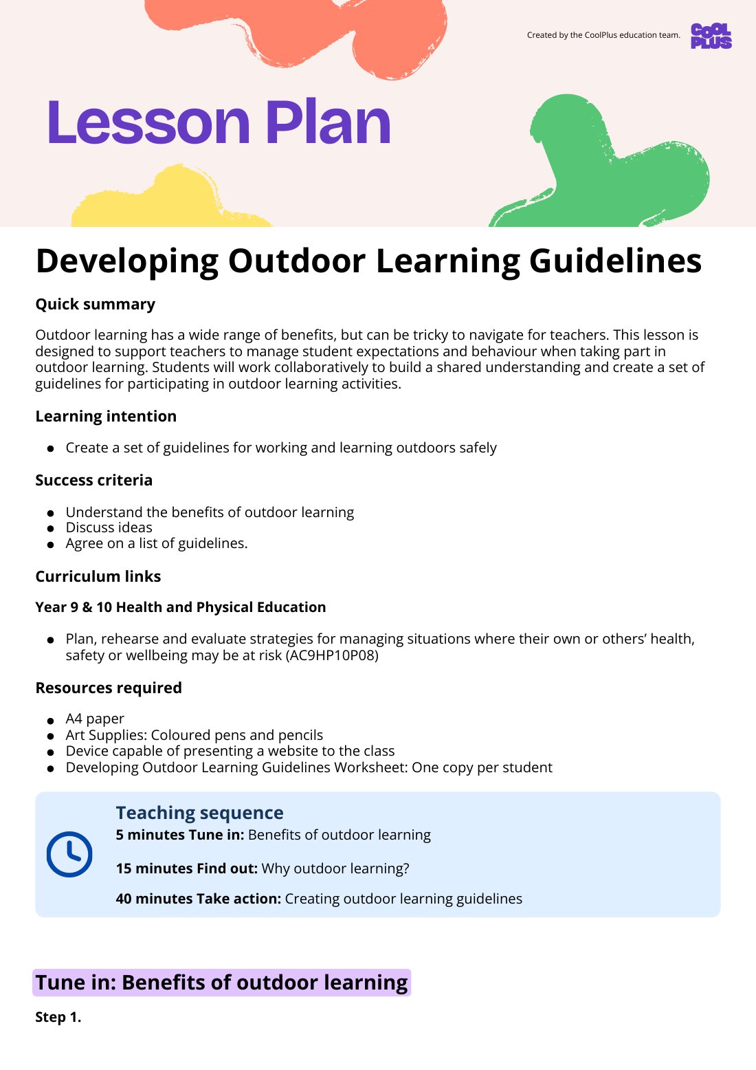 First page of Developing Outdoor Learning Guidelines Lesson Plan