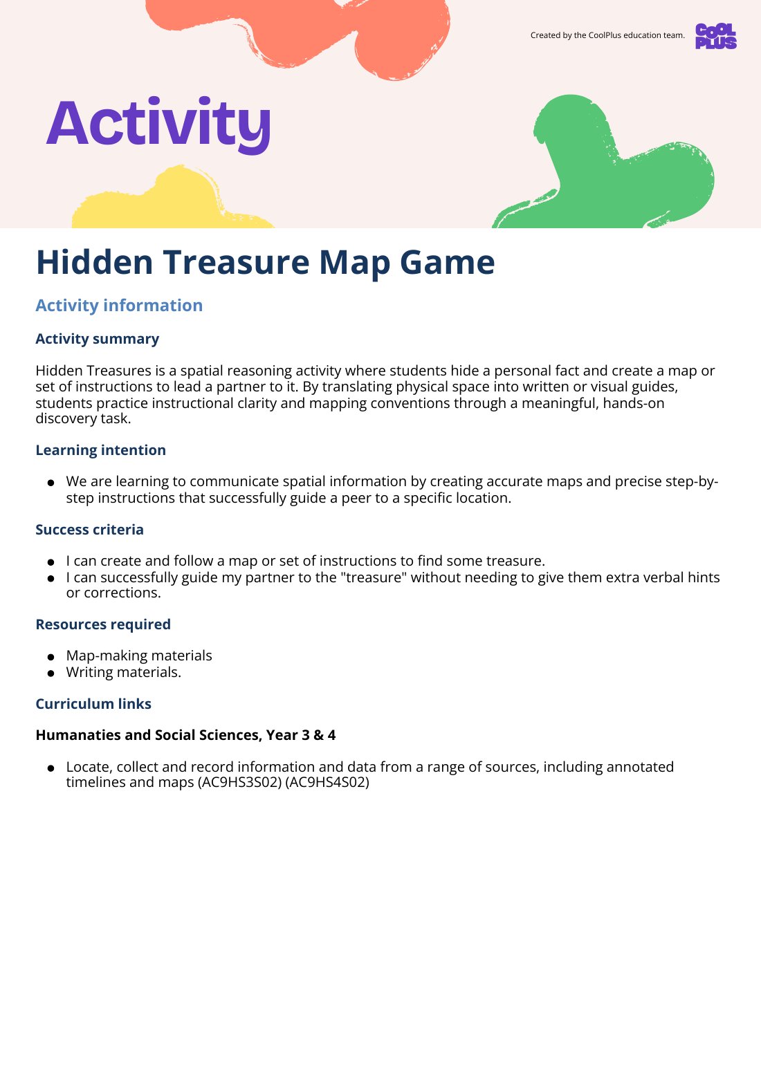First page of Hidden Treasure Map Game Activity