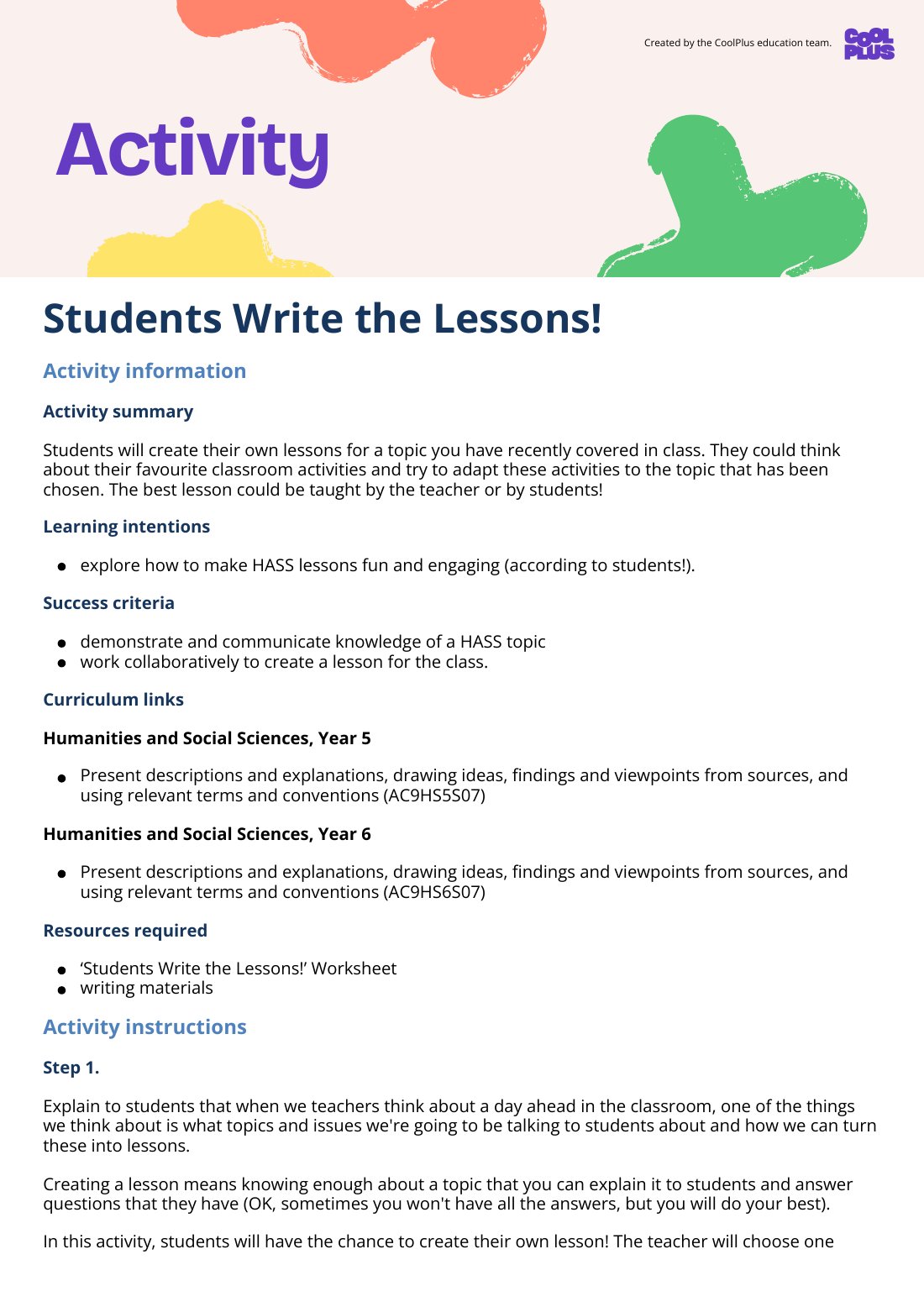 First page of Students Write the Lessons Activity