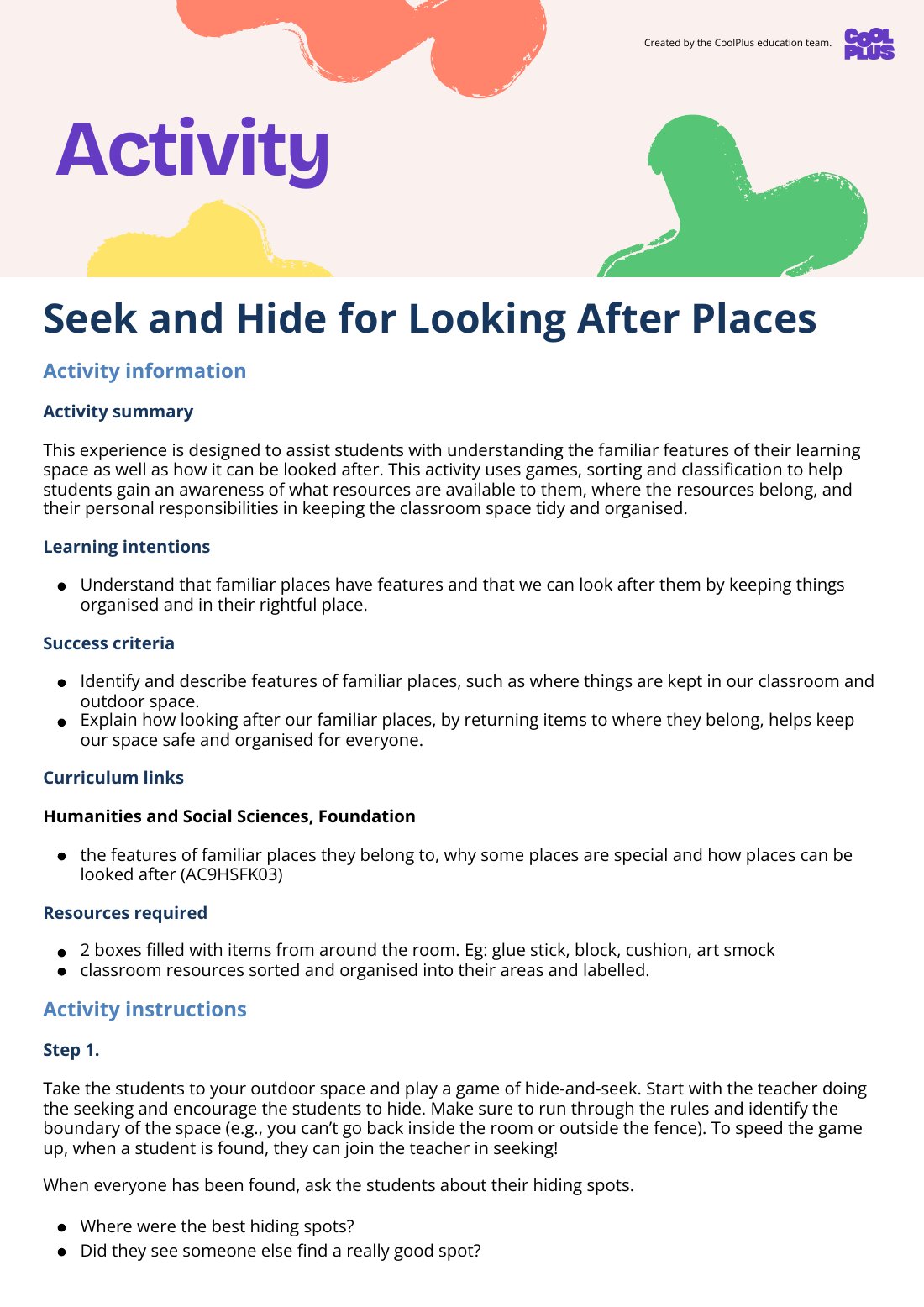First page of Seek and Hide for Looking After Places Activity