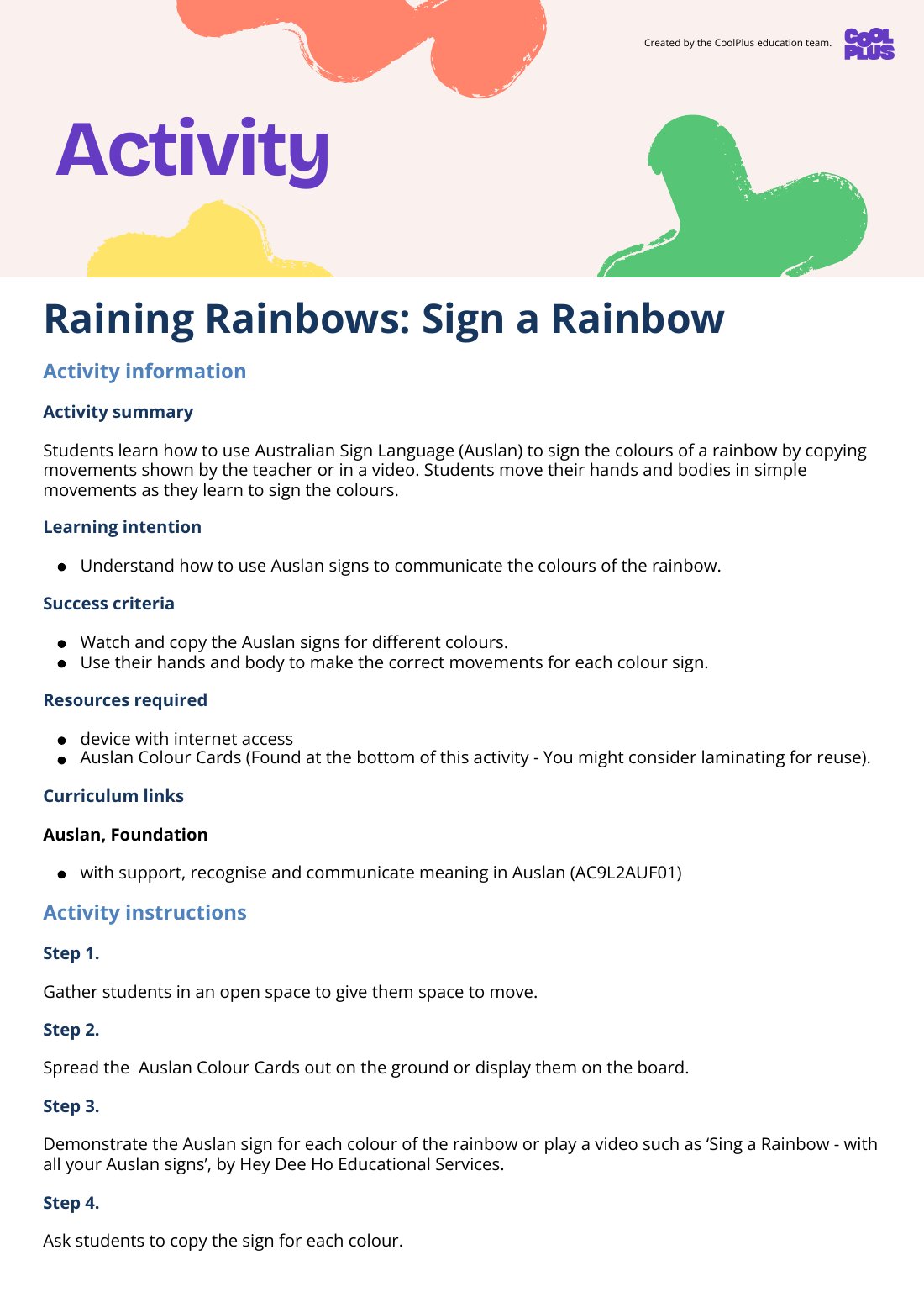 First page of Raining Rainbows: Sign a Rainbow Activity