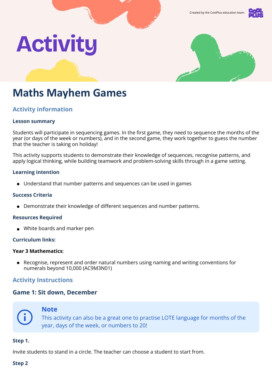 First page of Maths Mayhem Games Activity