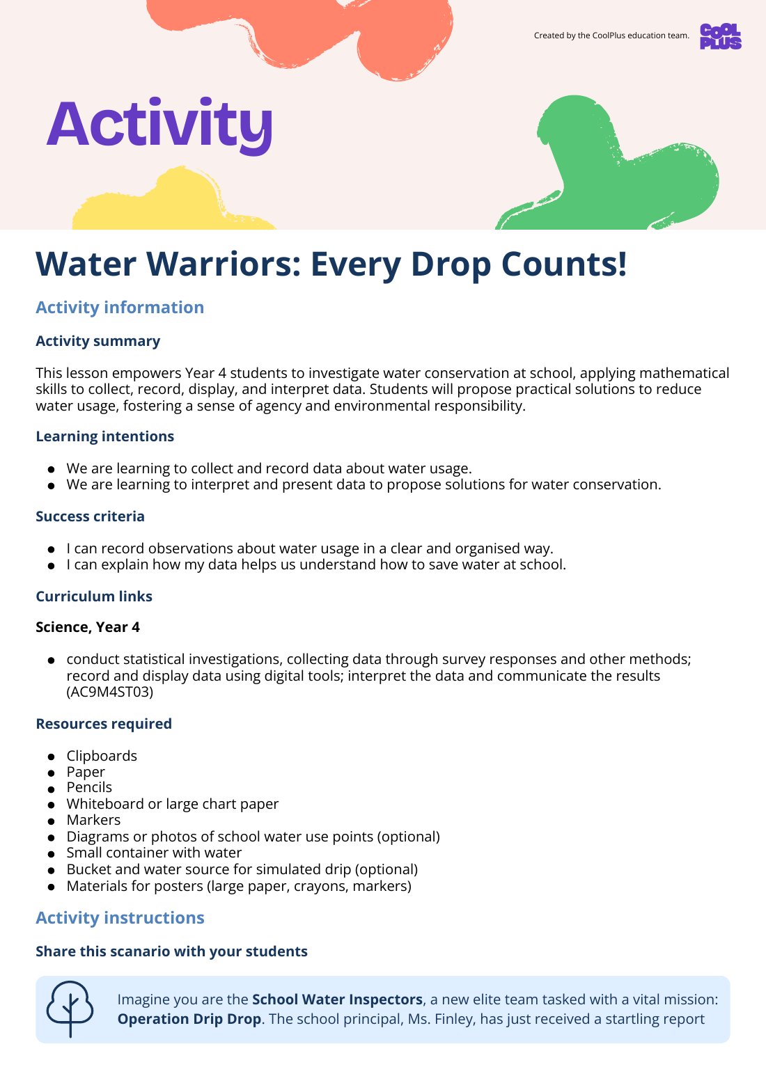 First page of Water Warriors: Every Drop Counts! Activity