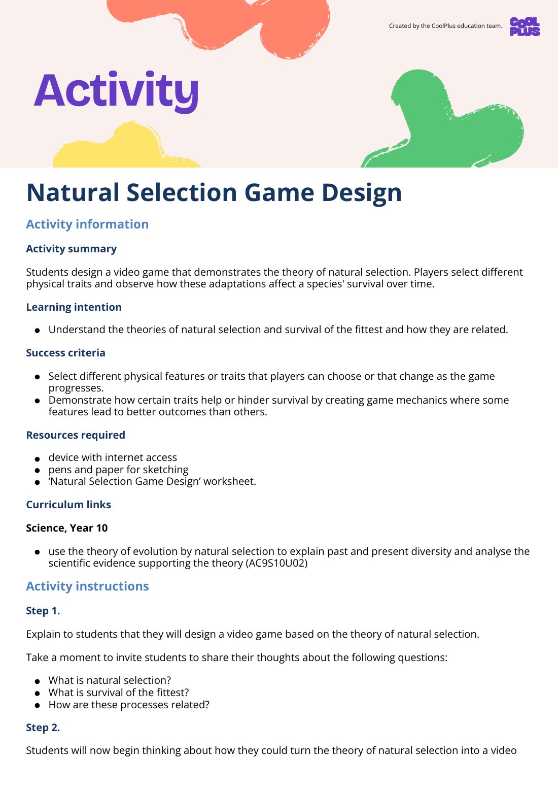 First page of Natural Selection Game Design Activity