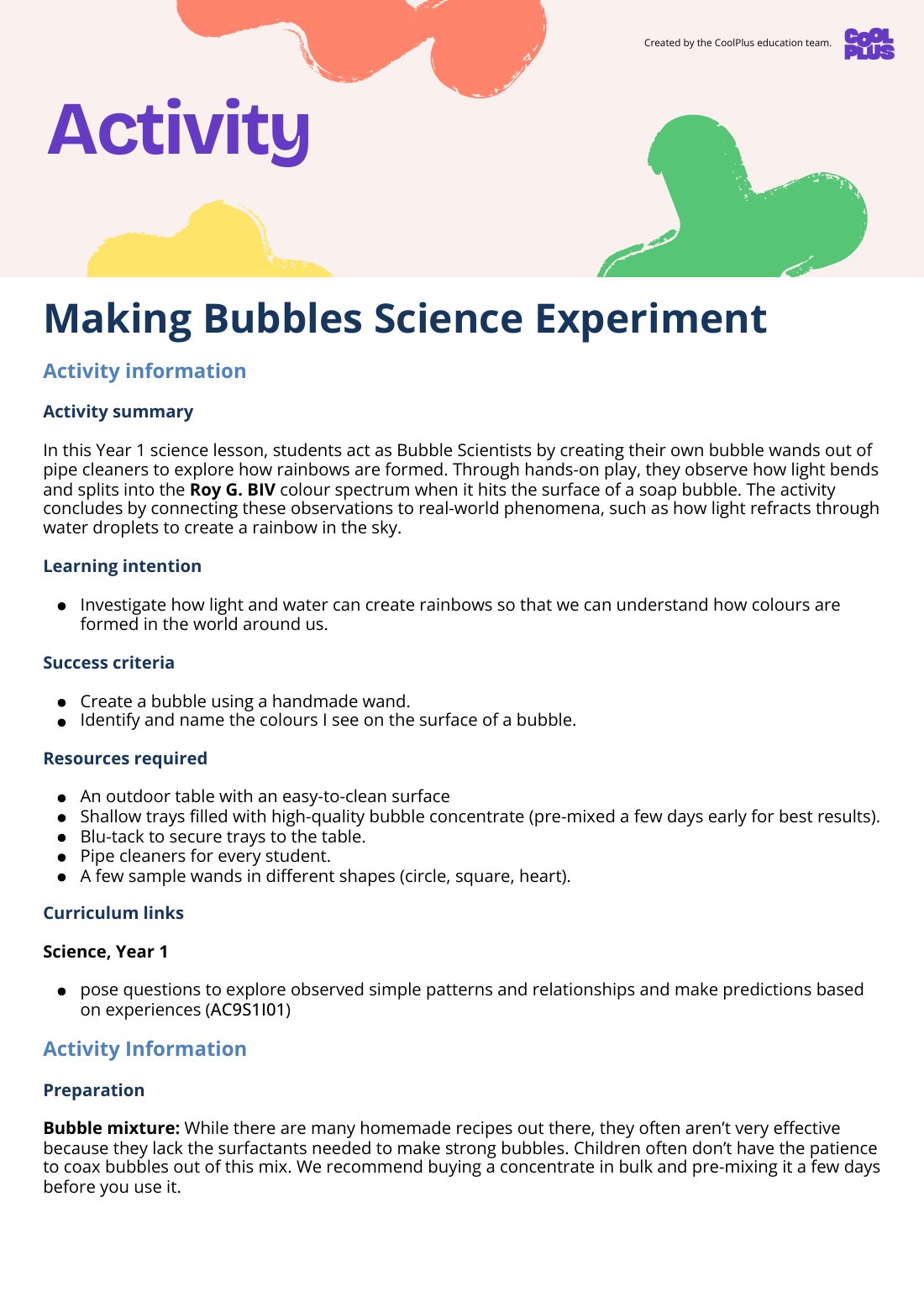 First page of Making Bubbles Science Activity