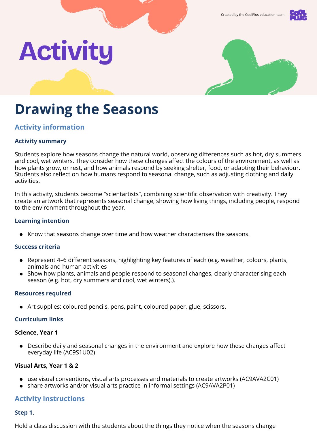 First page of Drawing the Seasons Activity