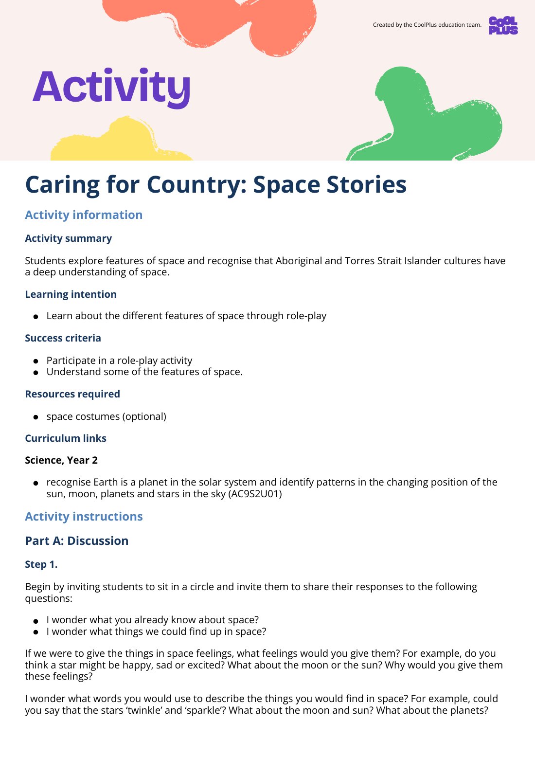 First page of Caring for Country: Space Stories Activity