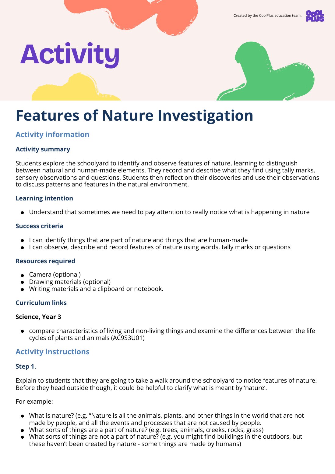 First page of Features of Nature Investigation Activity