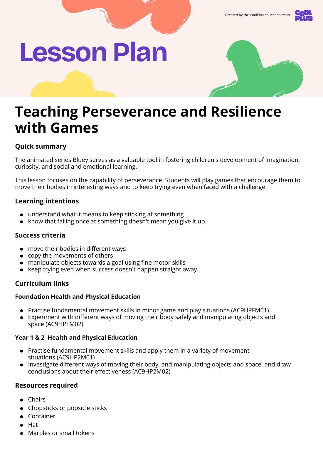 First page of Teaching Perseverance and Resilience with Games Lesson Plan