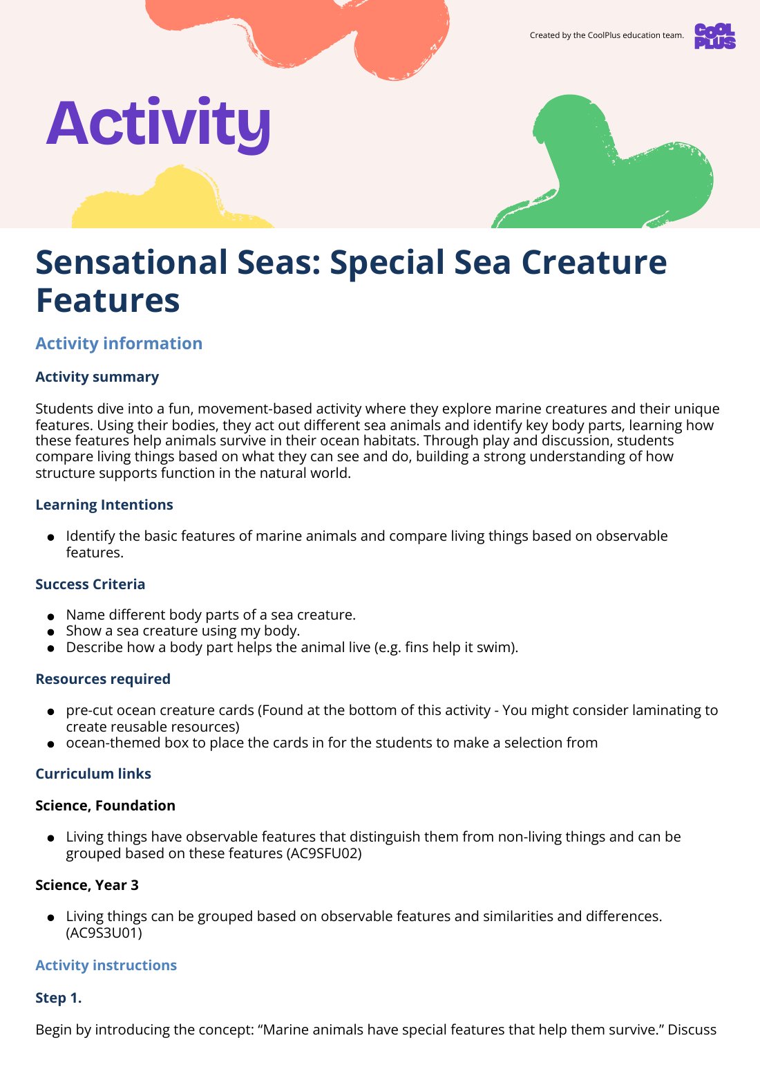 First page of Sensational Seas: Special Sea Creature Features Activity