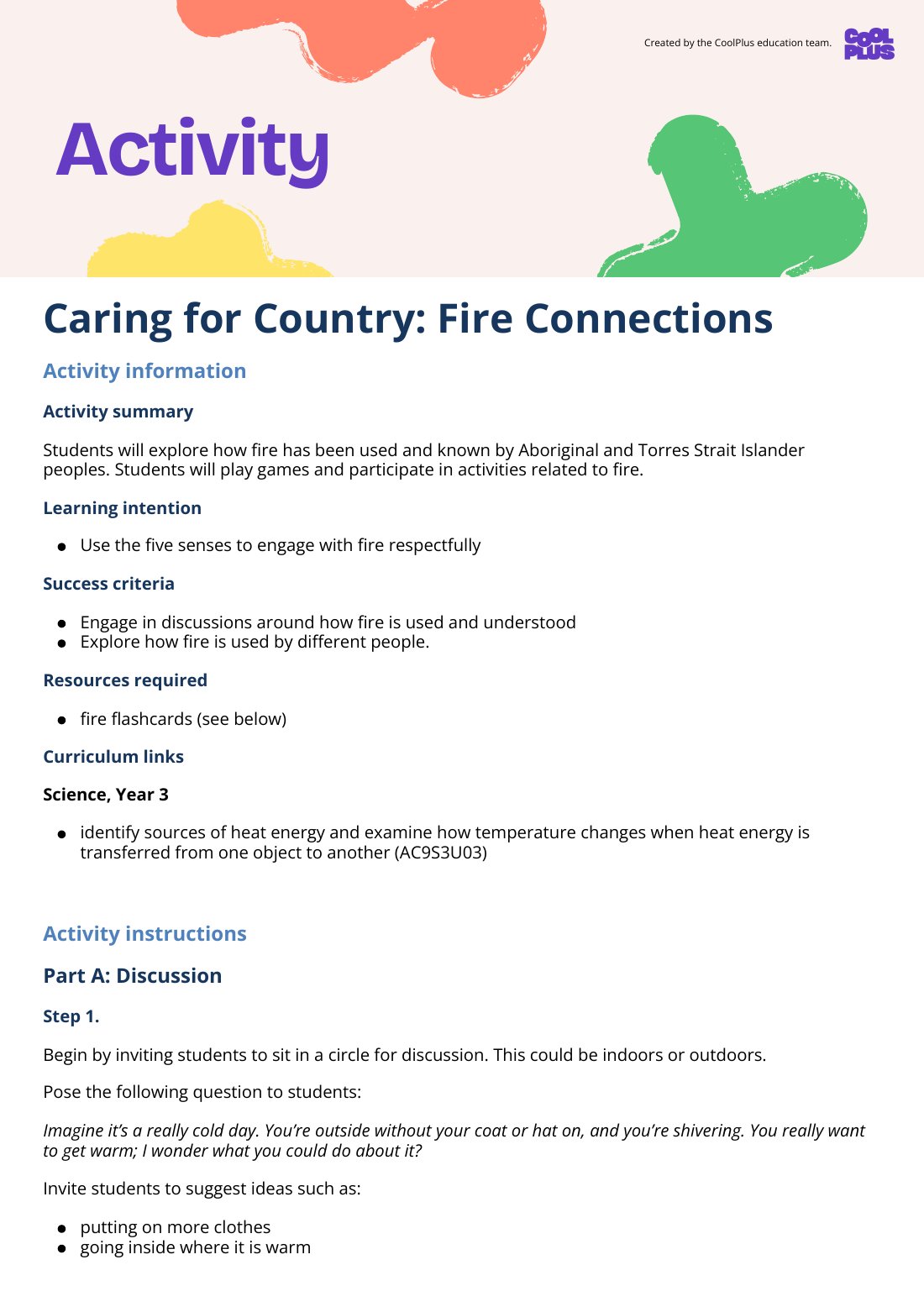 First page of Caring for Country: Fire Connections Activity