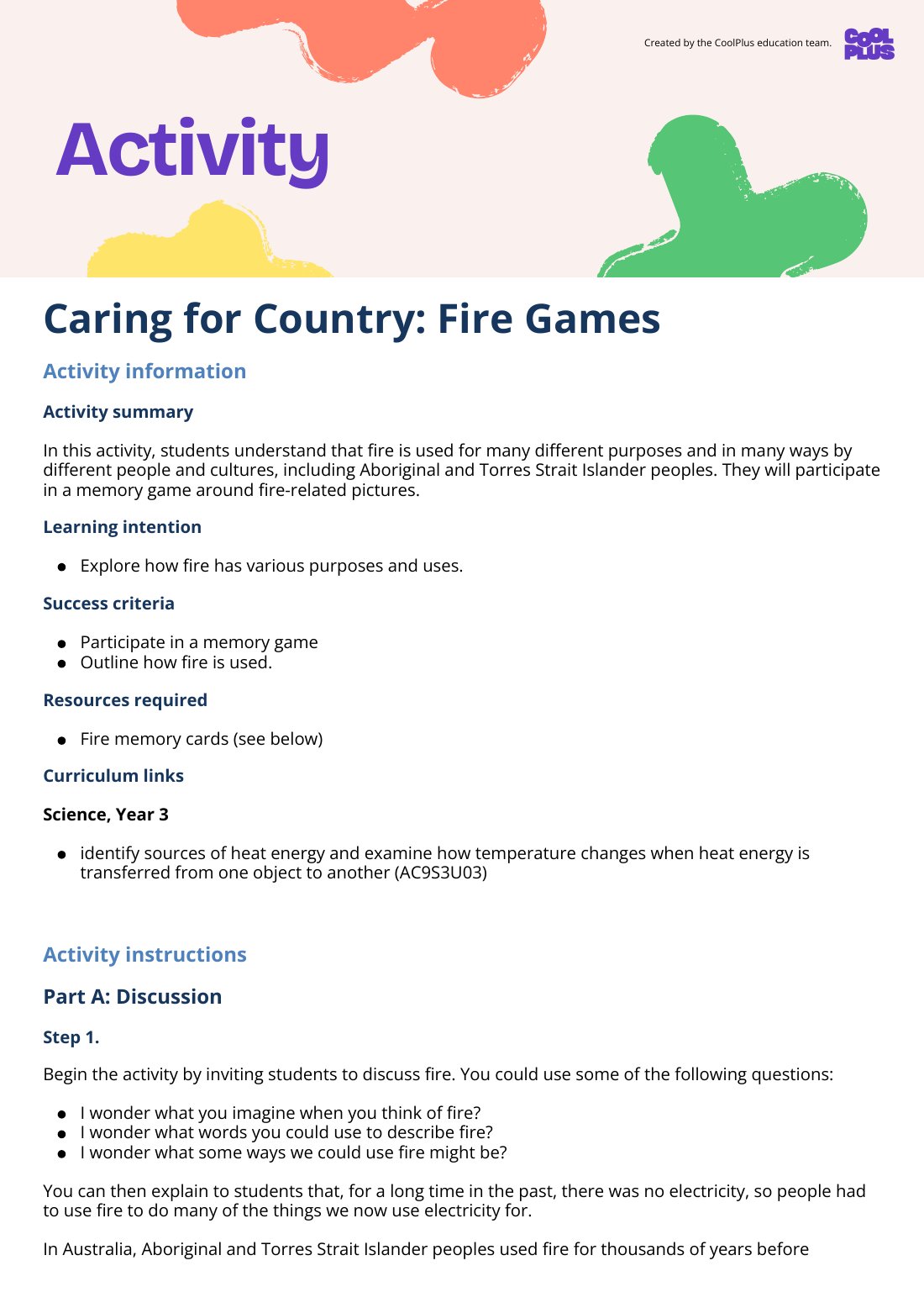 First page of Caring for Country: Fire Games Activity