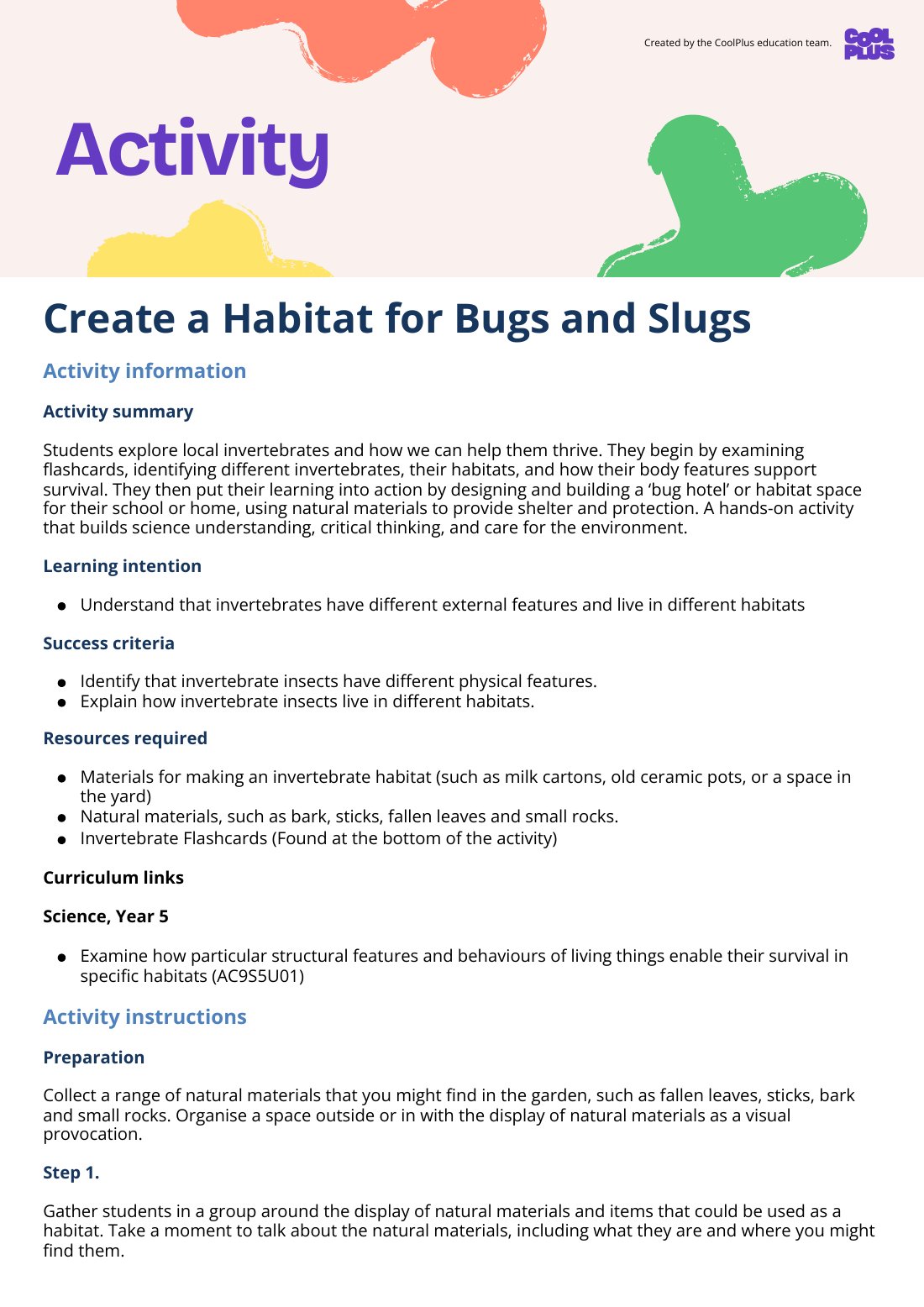 First page of Create a Habitat for Bugs and Slugs Activity