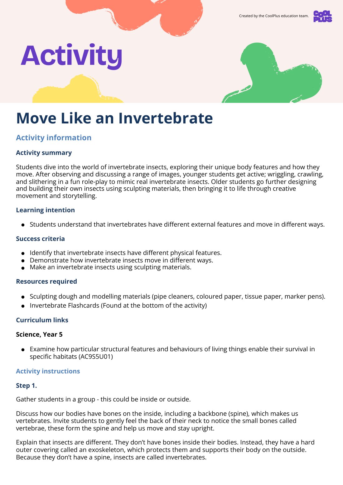 First page of Move Like an Invertebrate Activity