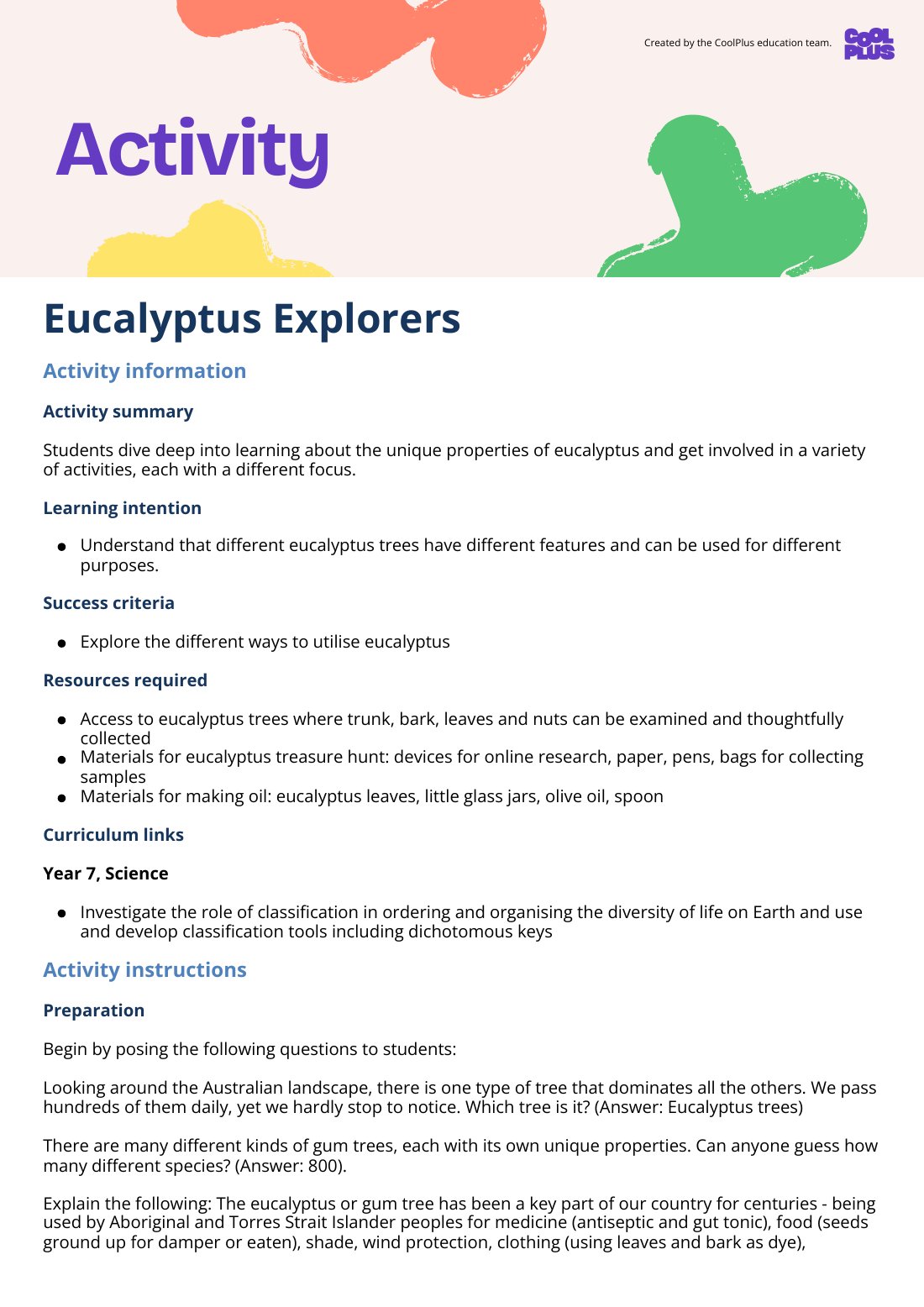 First page of Eucalyptus Explorers Activity