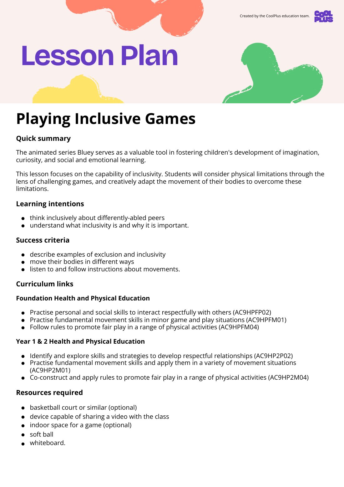 First page of Playing Inclusive Games Lesson Plan