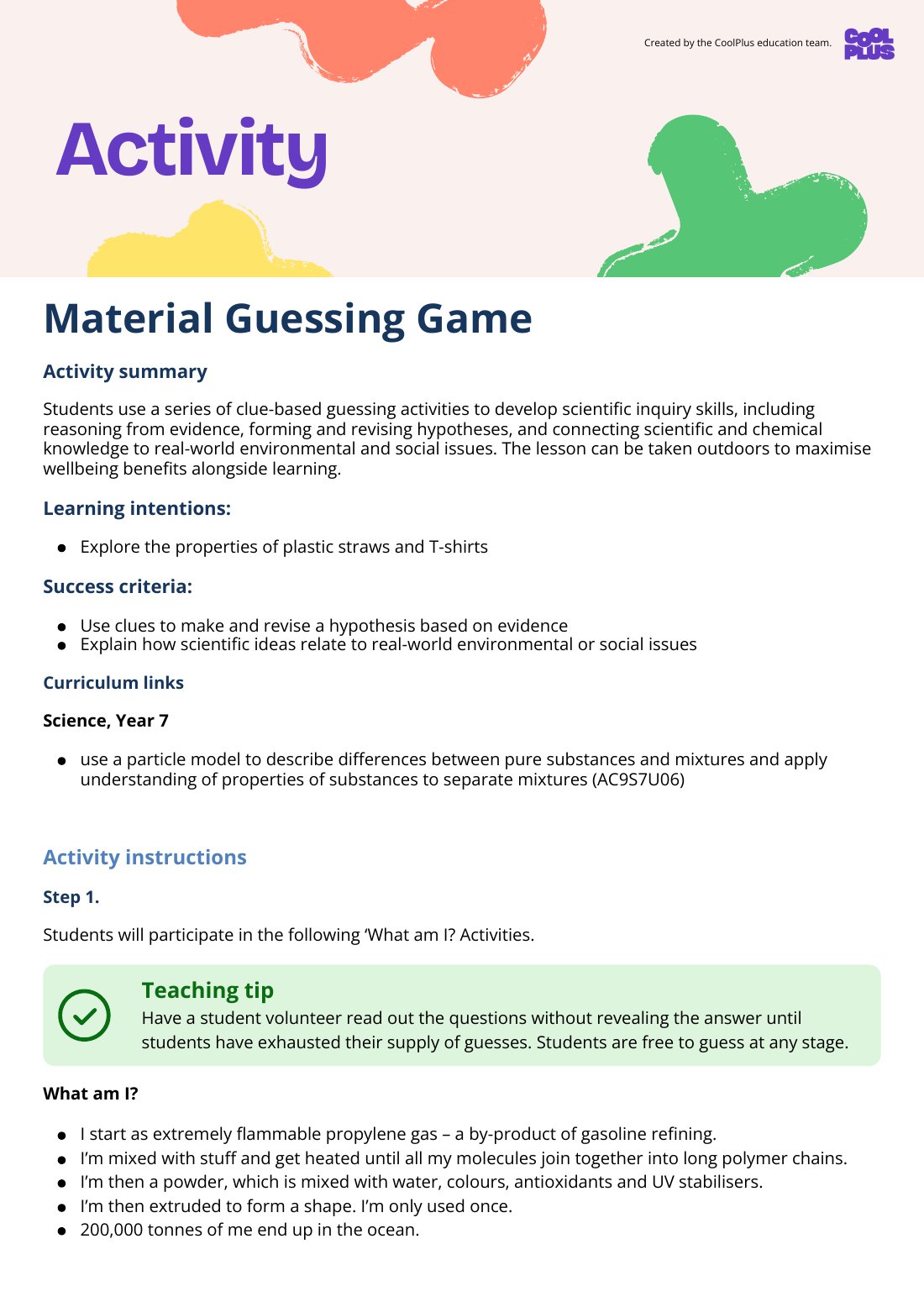 First page of Material Guessing Game Activity