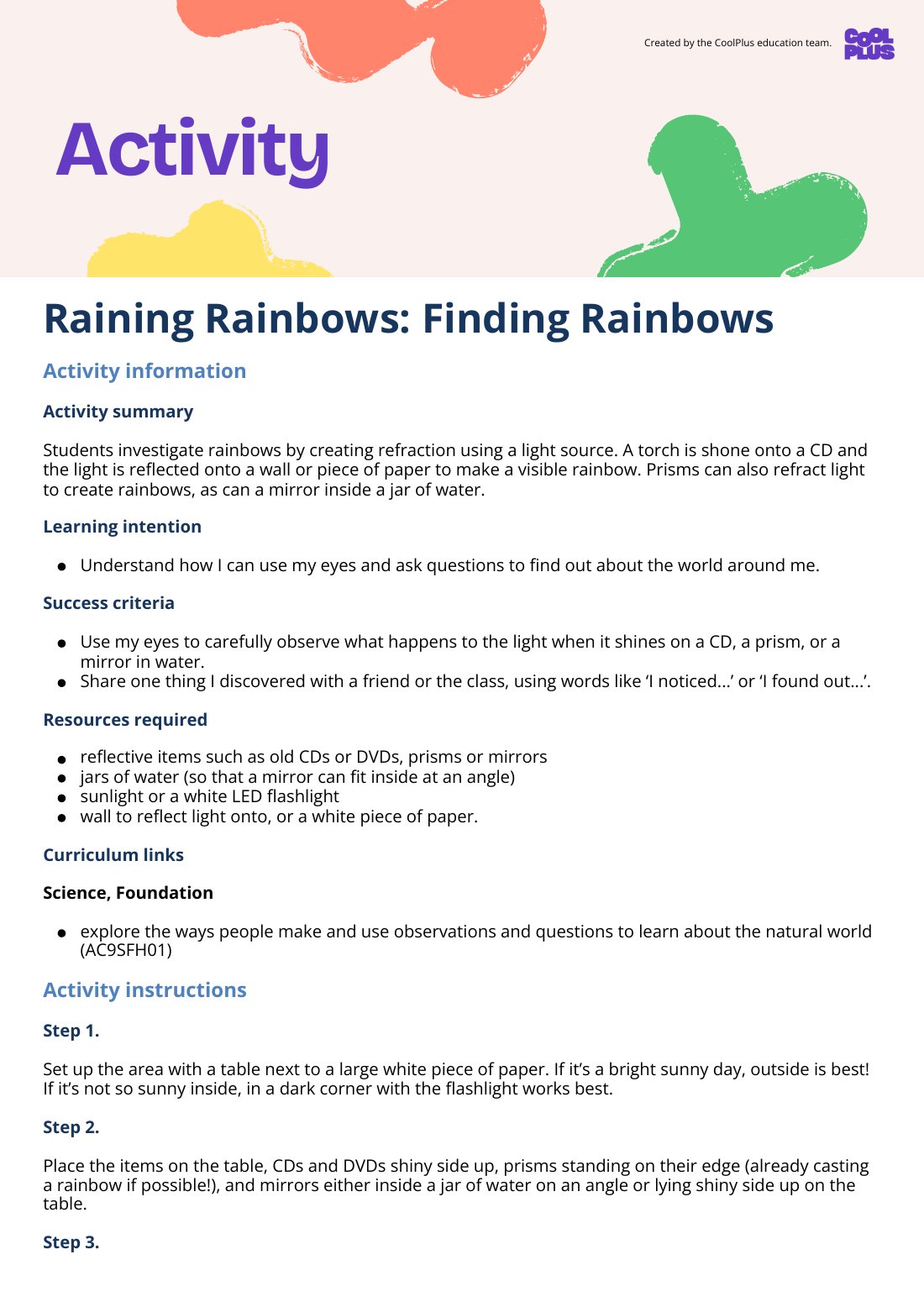First page of Raining Rainbows: Finding Rainbows Activity