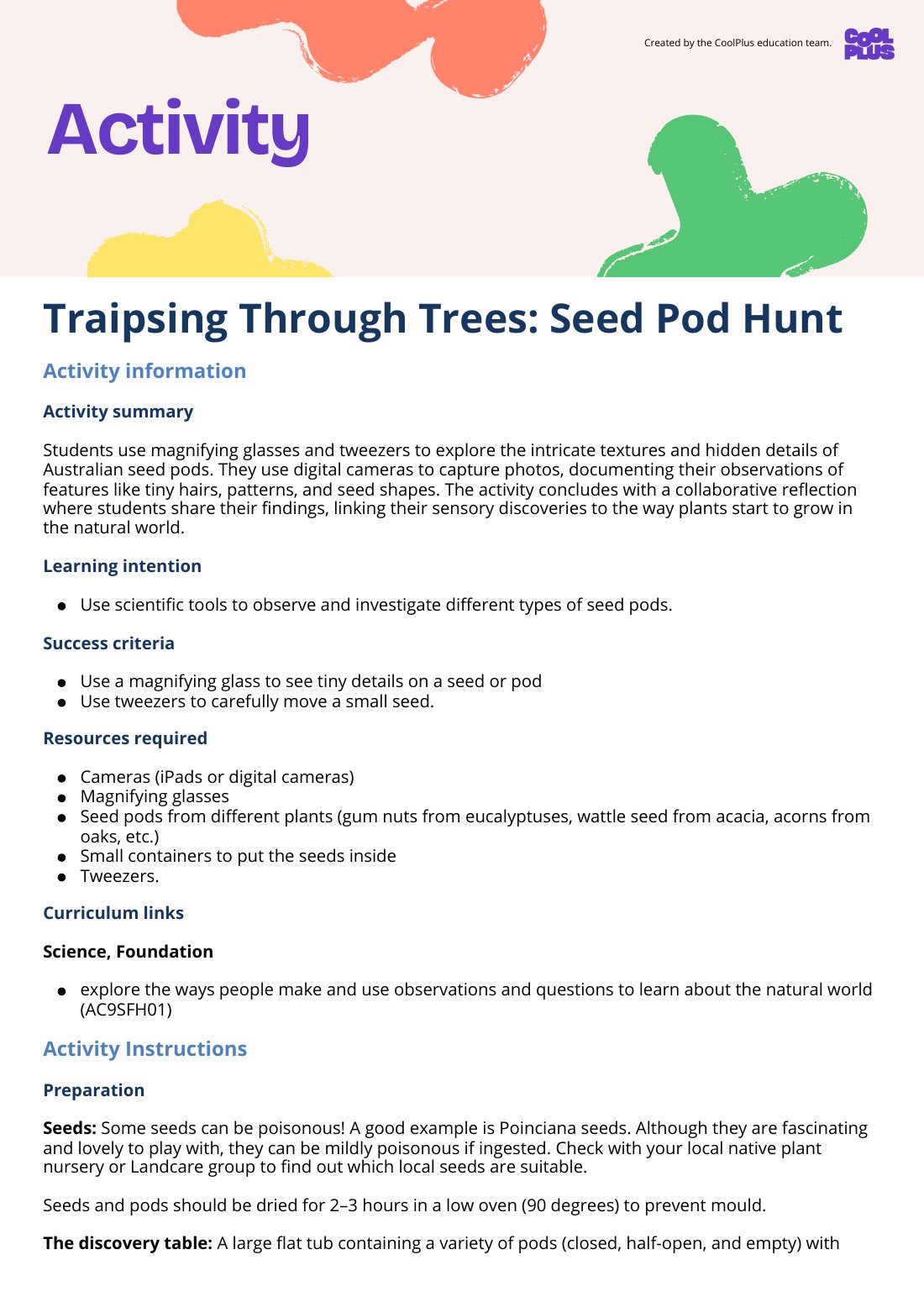 First page of Traipsing Through Trees Seed Pod Hunt Activity