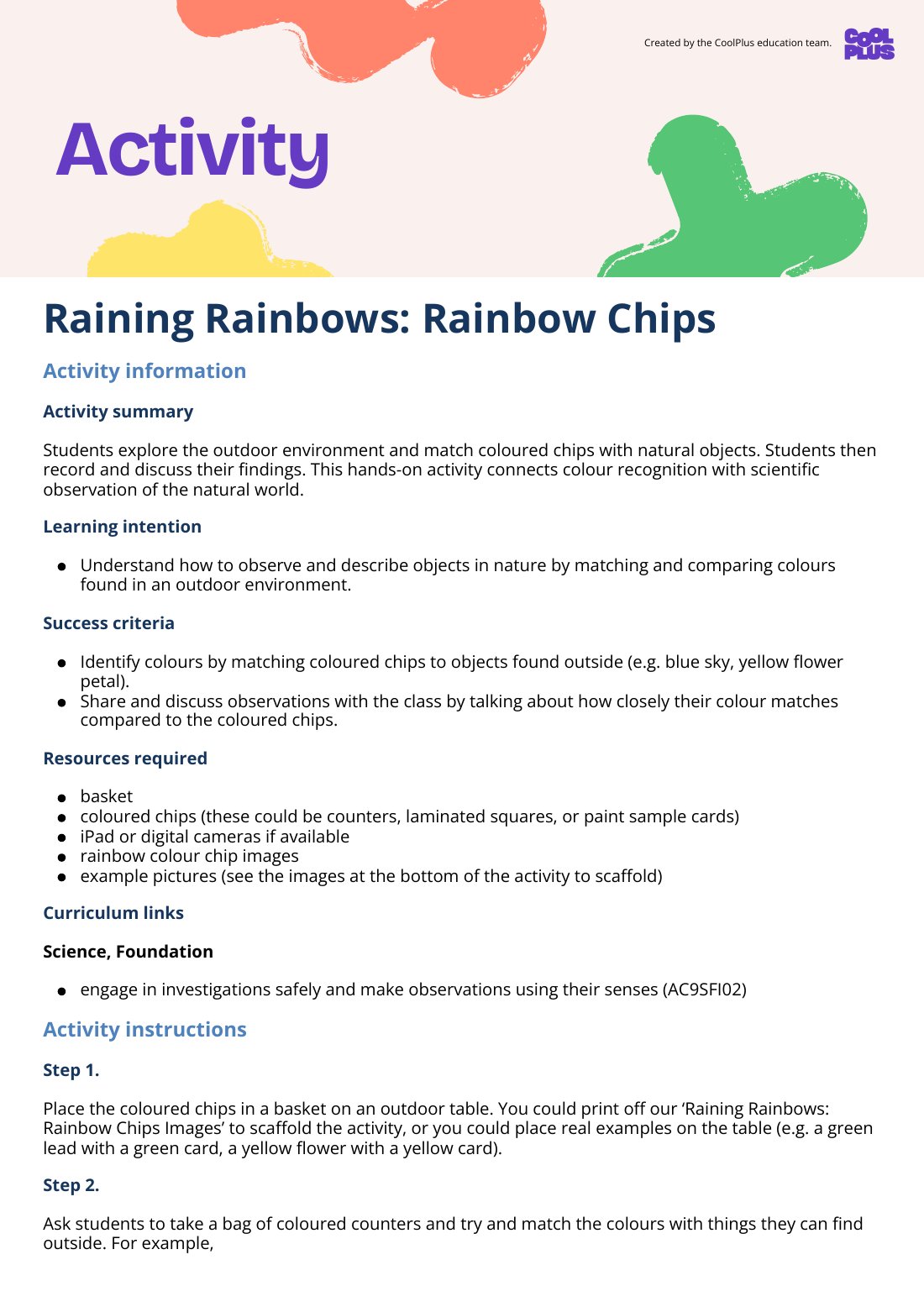 First page of Raining Rainbows: Rainbow Chips Activity
