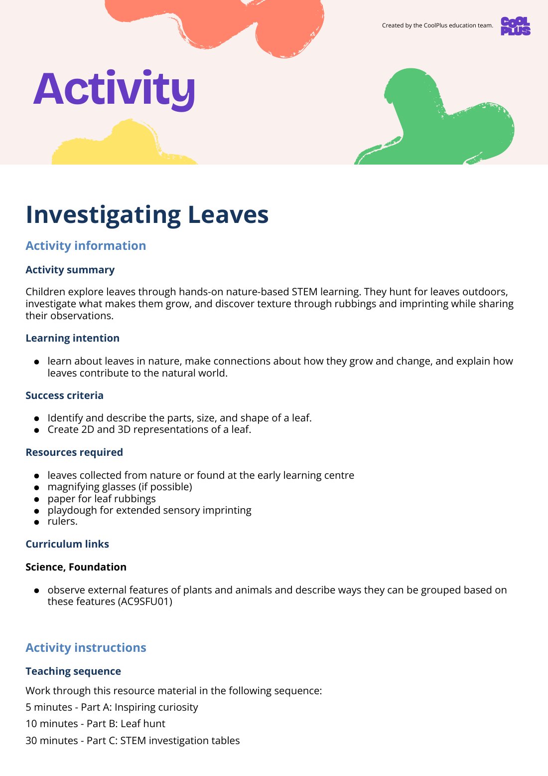 First page of Investigating Leaves Activity