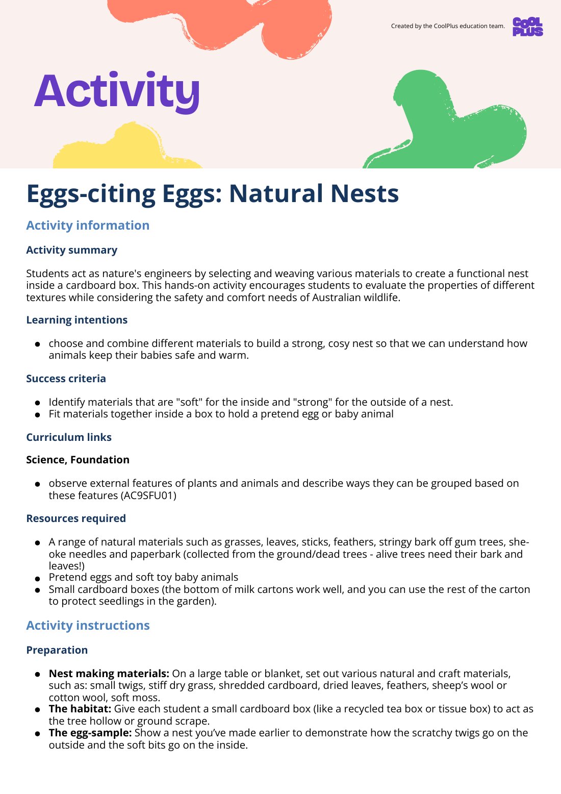 First page of Eggs-citing Eggs Natural Nests Activity
