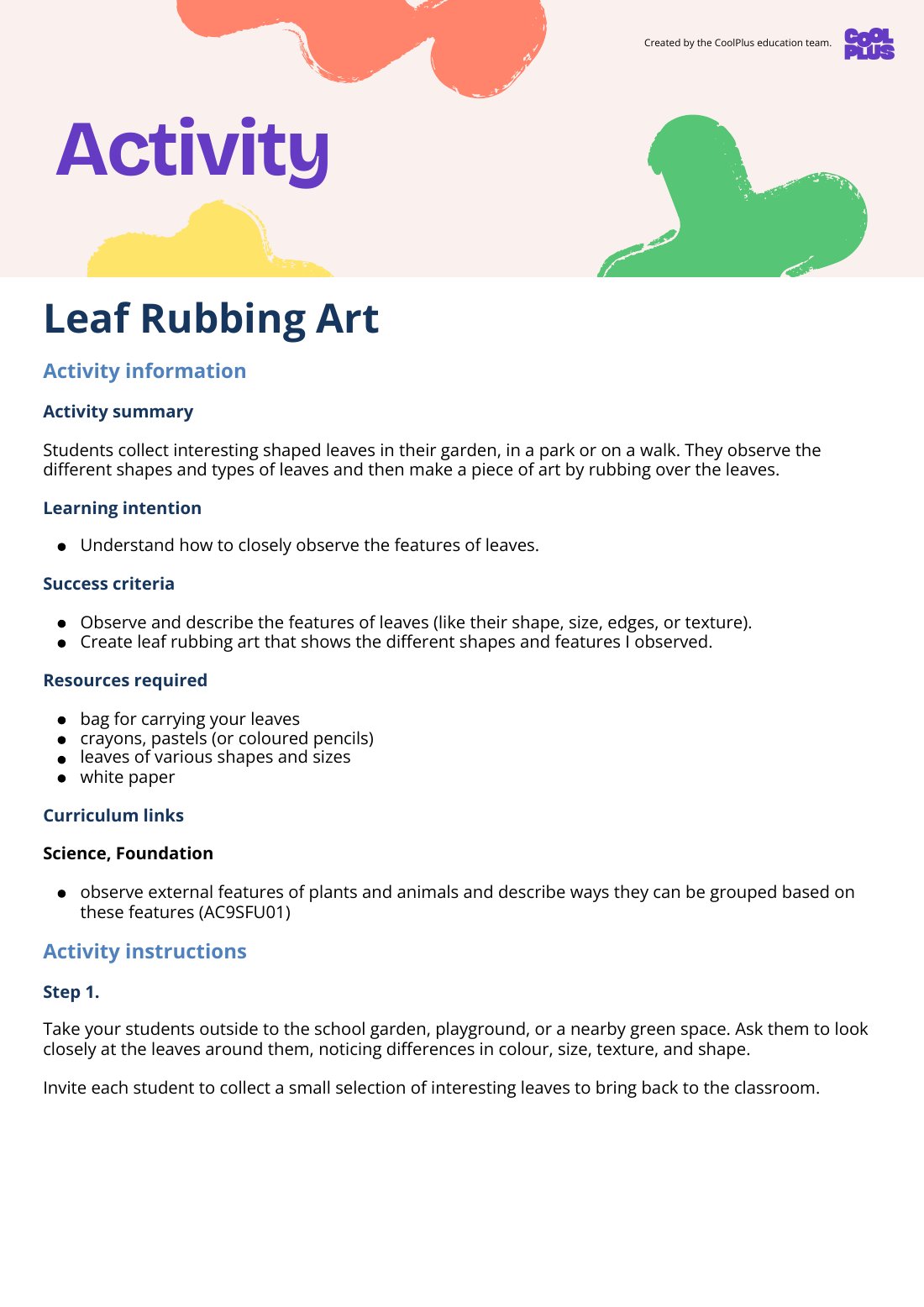 First page of Leaf Rubbing Art Activity