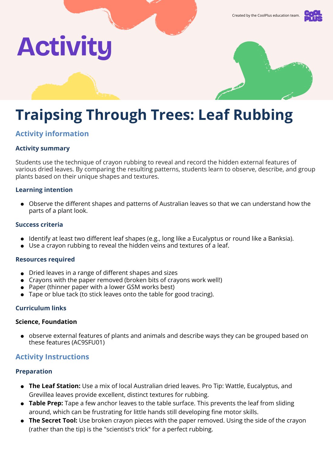 First page of Traipsing Through Trees: Leaf Rubbing Activity