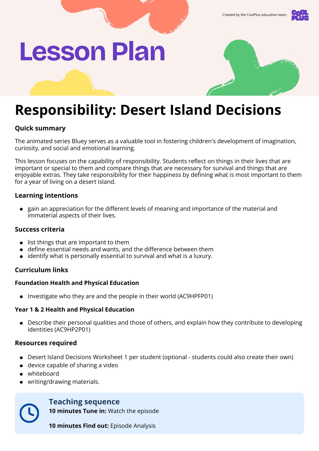 First page of Responsibility: Desert Island Decisions Lesson Plan
