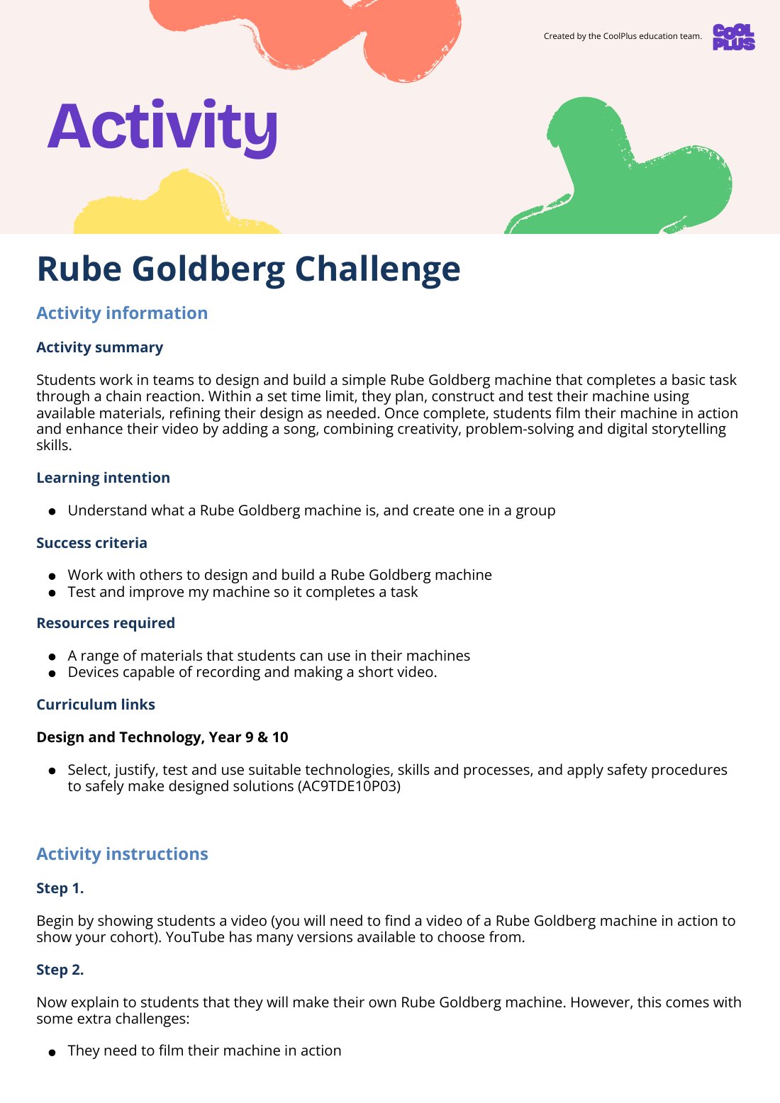 First page of Rube Goldberg Challenge Activity