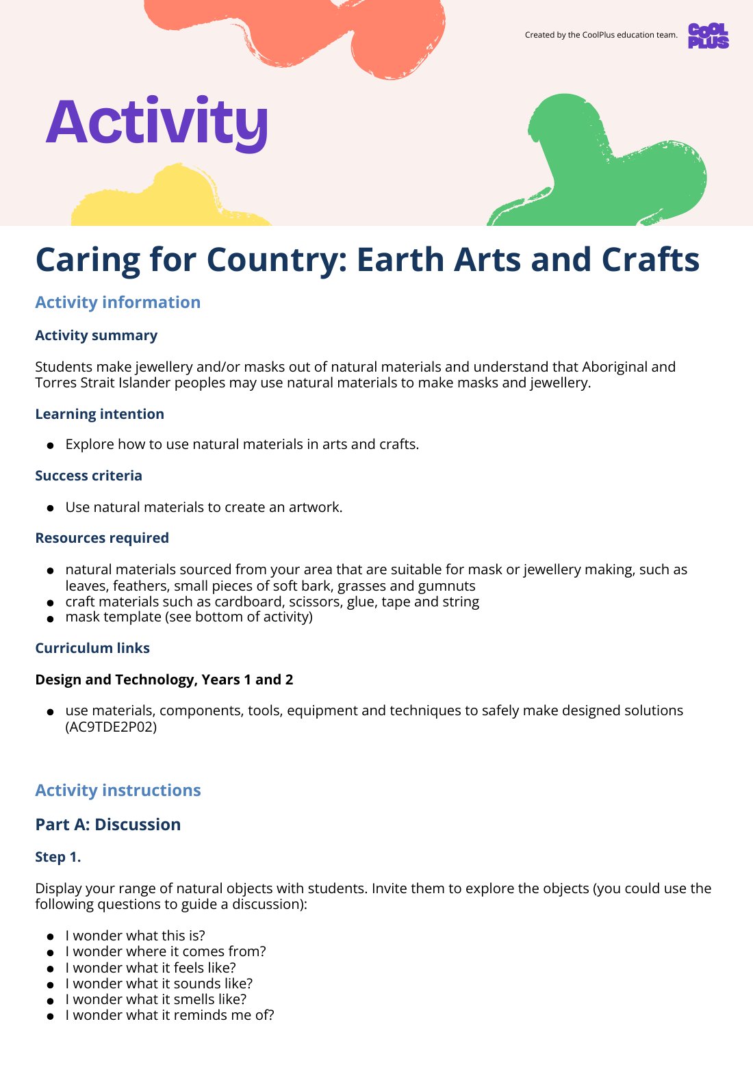 First page of Caring for Country: Earth Arts and Crafts Activity