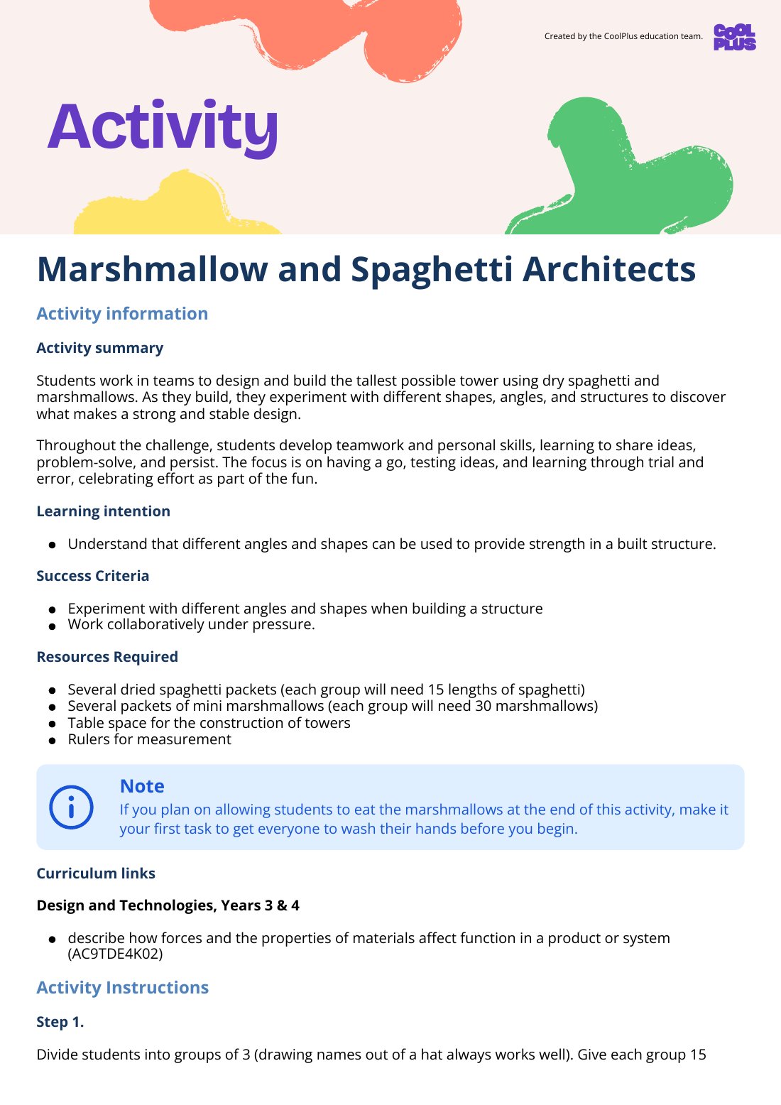 First page of Marshmallow and Spaghetti Architects Activity