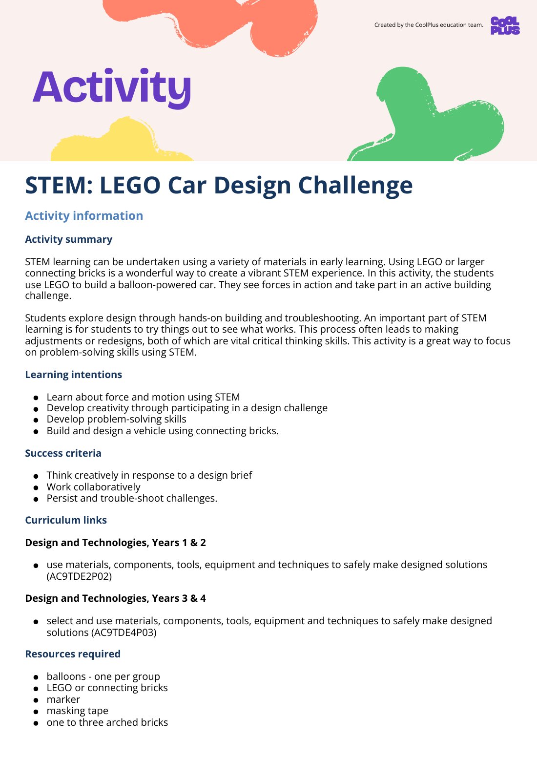 First page of STEM: Lego Car Design Challenge Activity