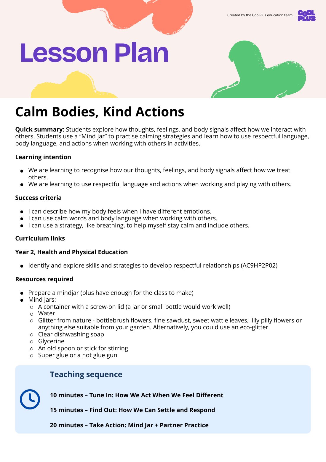 First page of Calm Bodies, Kind Actions Lesson Plan